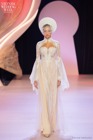 White Bridal Ao Dai | Modern Vietnamese Bridal Dress with French Lace (#RUBINA)