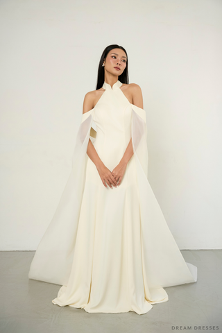 Ivory Bridal Cheongsam with Bridal Cape | Ivory Qipao Bridal Gown (#XINYI)