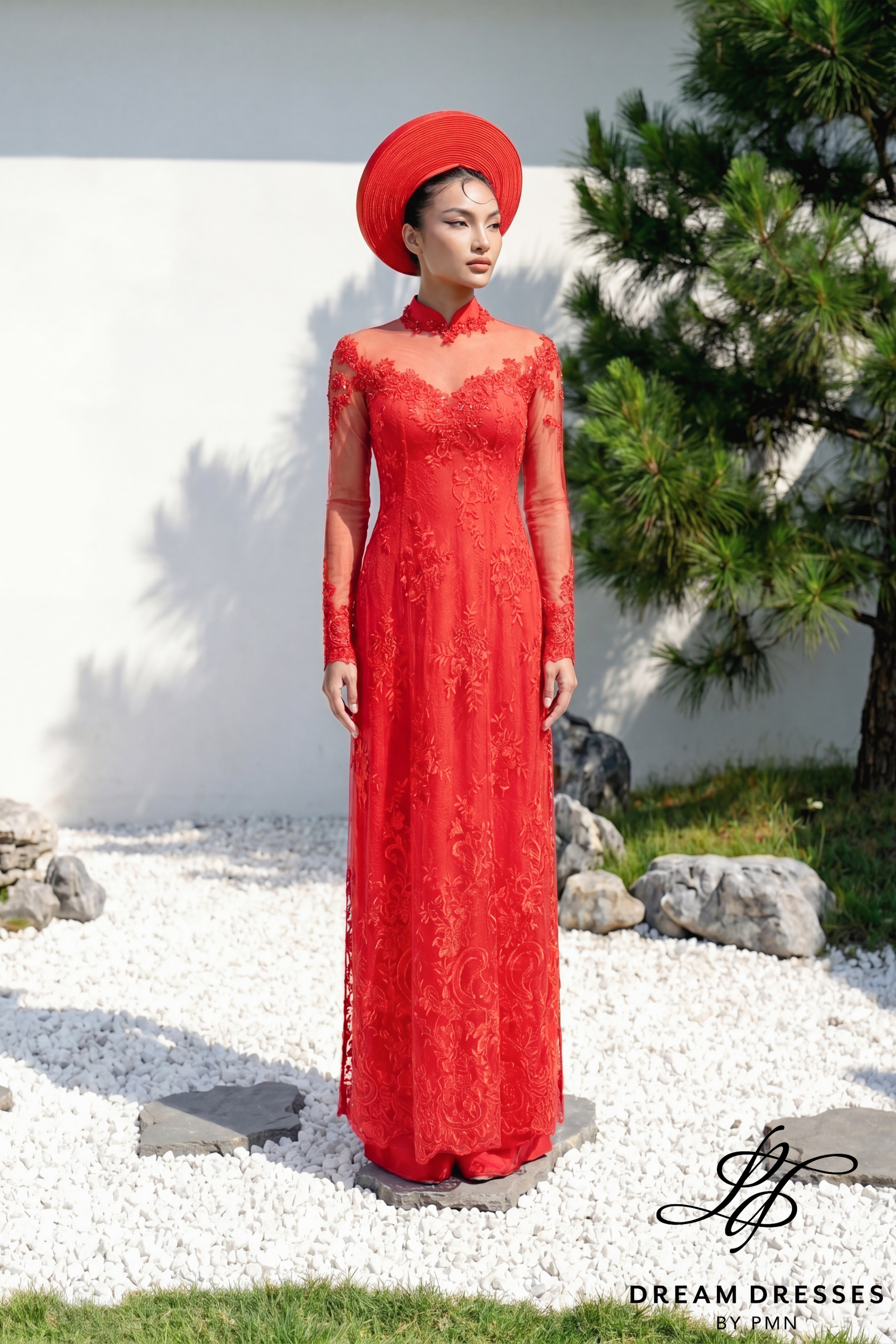 Red Bridal Ao Dai with Cape Sleeves | Vietnamese Bridal Dress (#GRACE)
