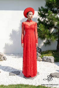 Red Bridal Ao Dai with Cape Sleeves | Vietnamese Bridal Dress (#GRACE)