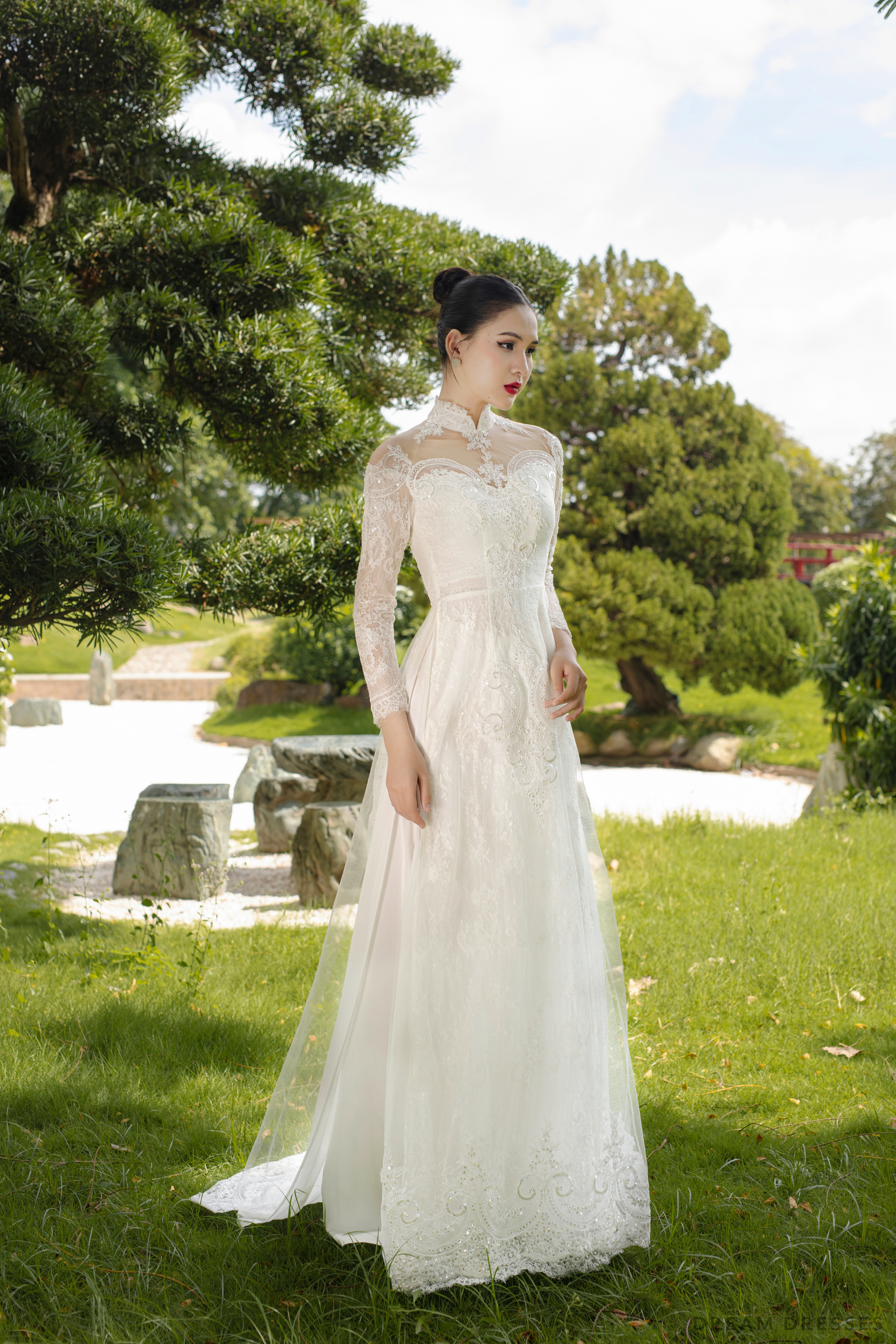 DreamDress By PMN Laura Ao Dai Inspired White Wedding Dress Gown Illusion Neckline Back Beadings Chapel Chiffon Pants DreamDress By PMN Laura Ao Dai Inspired White Wedding Dress Gown Illusion Neckline Back Beadings Chapel Chiffon Pants