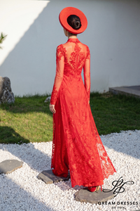 Red Bridal Ao Dai with Cape Sleeves | Vietnamese Bridal Dress (#GRACE)