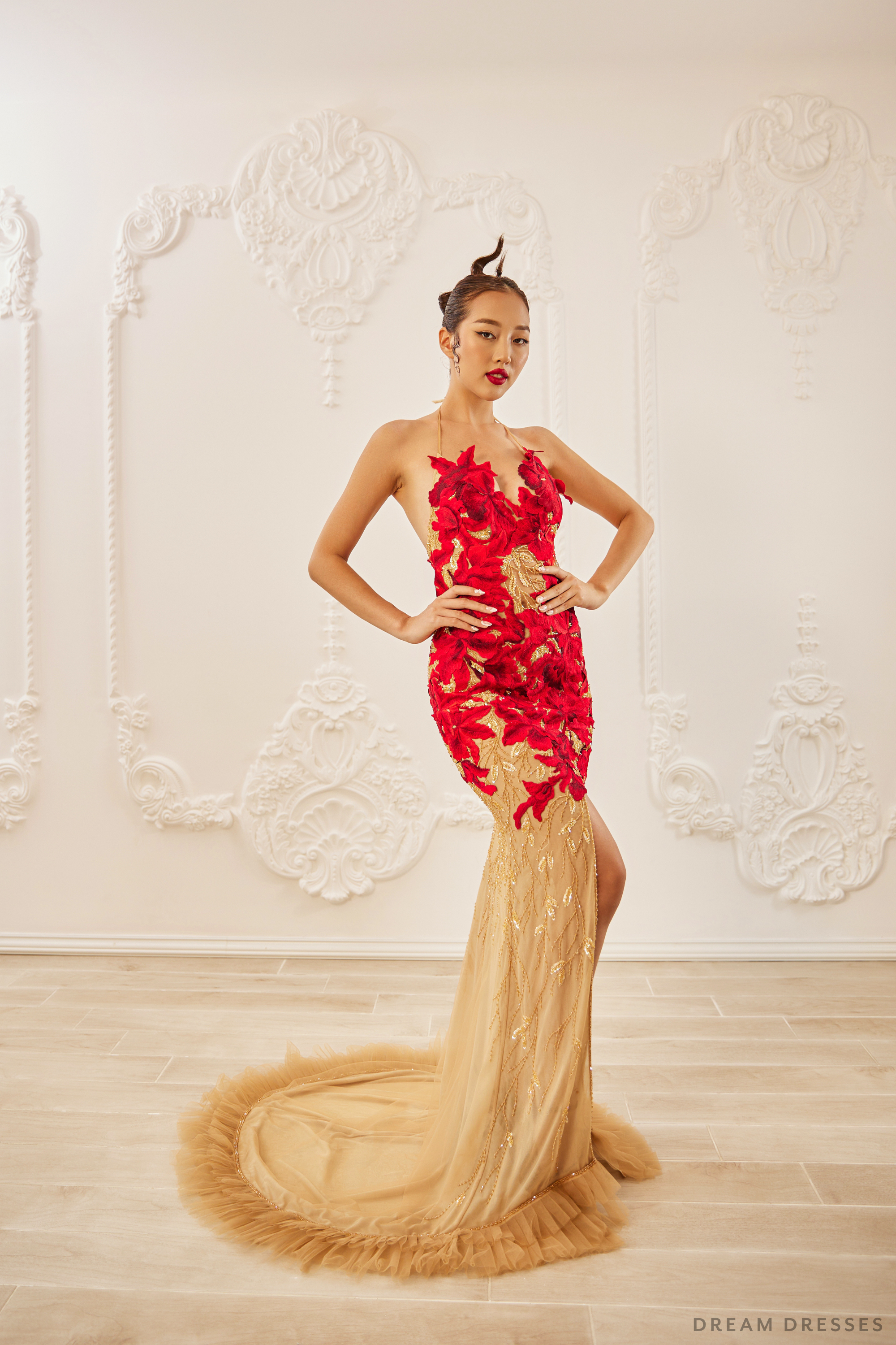 Red Evening Gown with Custom Embroidery (#LILIANE)