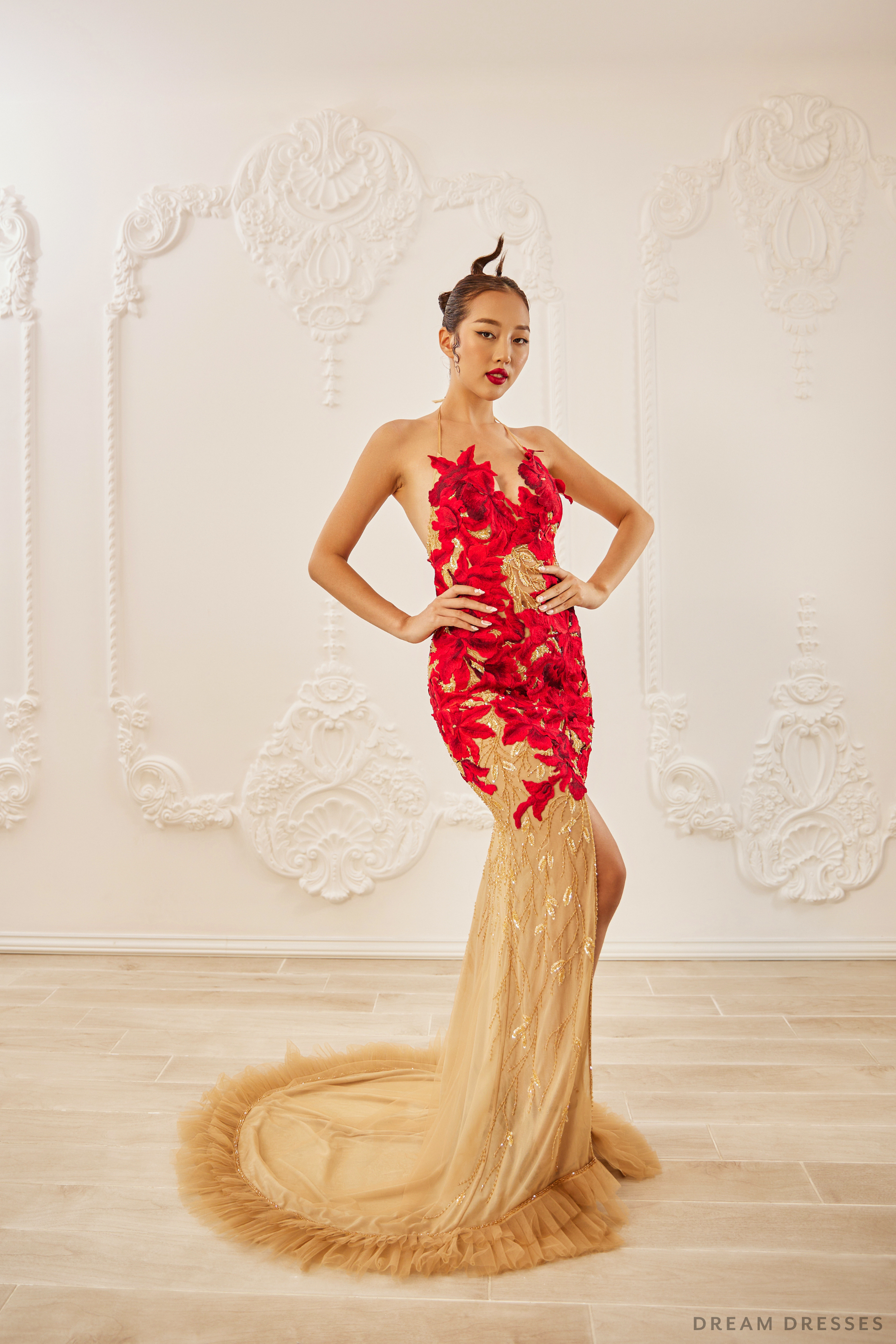 Red Evening Gown with Custom Embroidery (#LILIANE) - Dream Dresses by P.M.N.