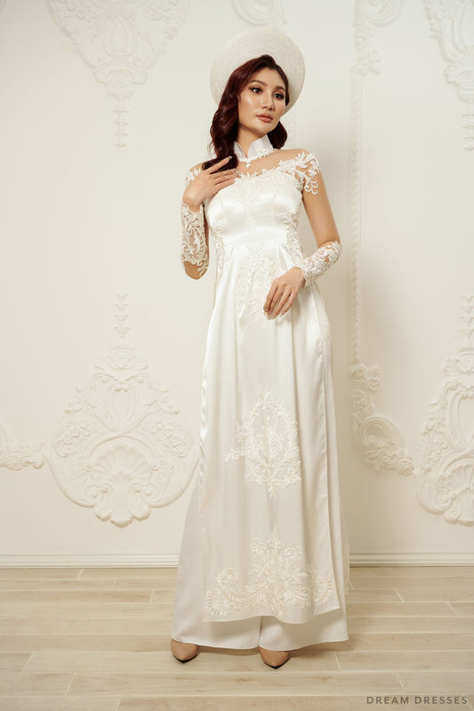 White Bridal Ao Dai | Vietnamese Traditional Bridal Dress (#DAXIA) - Dream Dresses by P.M.N.