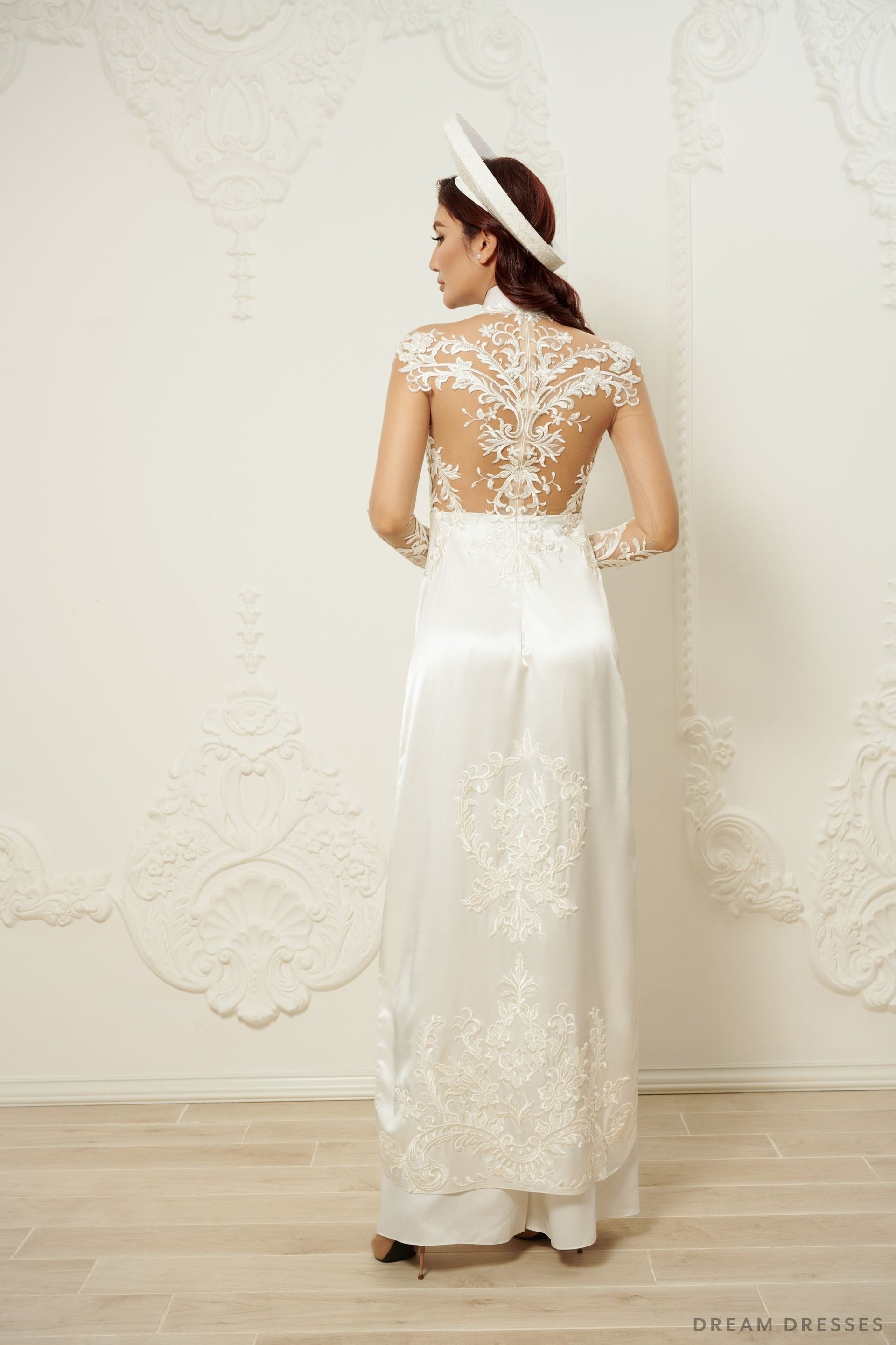 White Bridal Ao Dai | Vietnamese Traditional Bridal Dress (#DAXIA) - Dream Dresses by P.M.N.