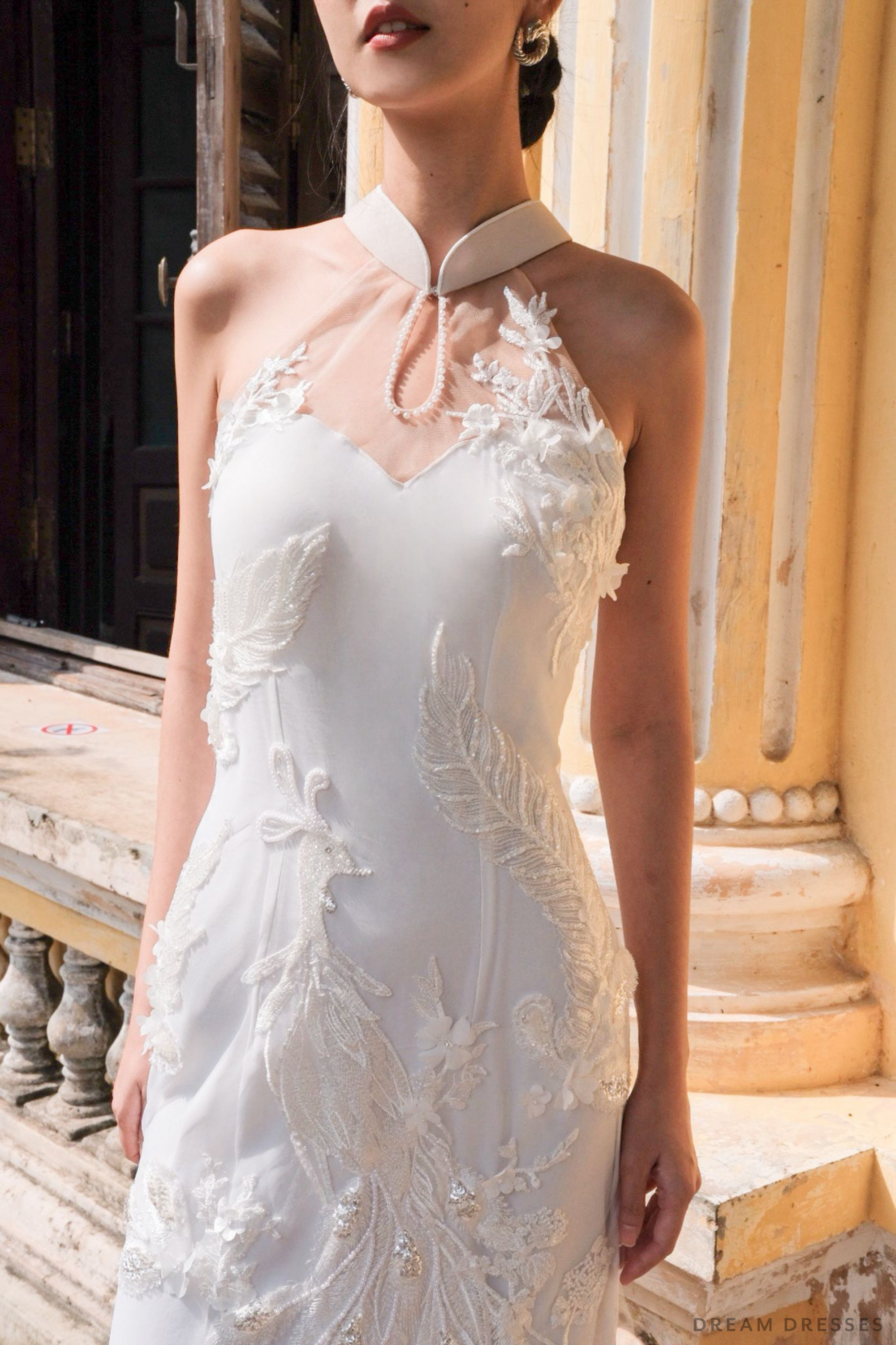 DreamDress By PMN Julia Cheongsam Inspired White Wedding Dress Gown Illusion Back With Phoenix Lace DreamDress By PMN Julia Cheongsam Inspired White Wedding Dress Gown Illusion Back With Phoenix Lace
