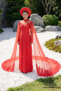 Red Bridal Ao Dai with Cape Sleeves | Vietnamese Bridal Dress (#GRACE)