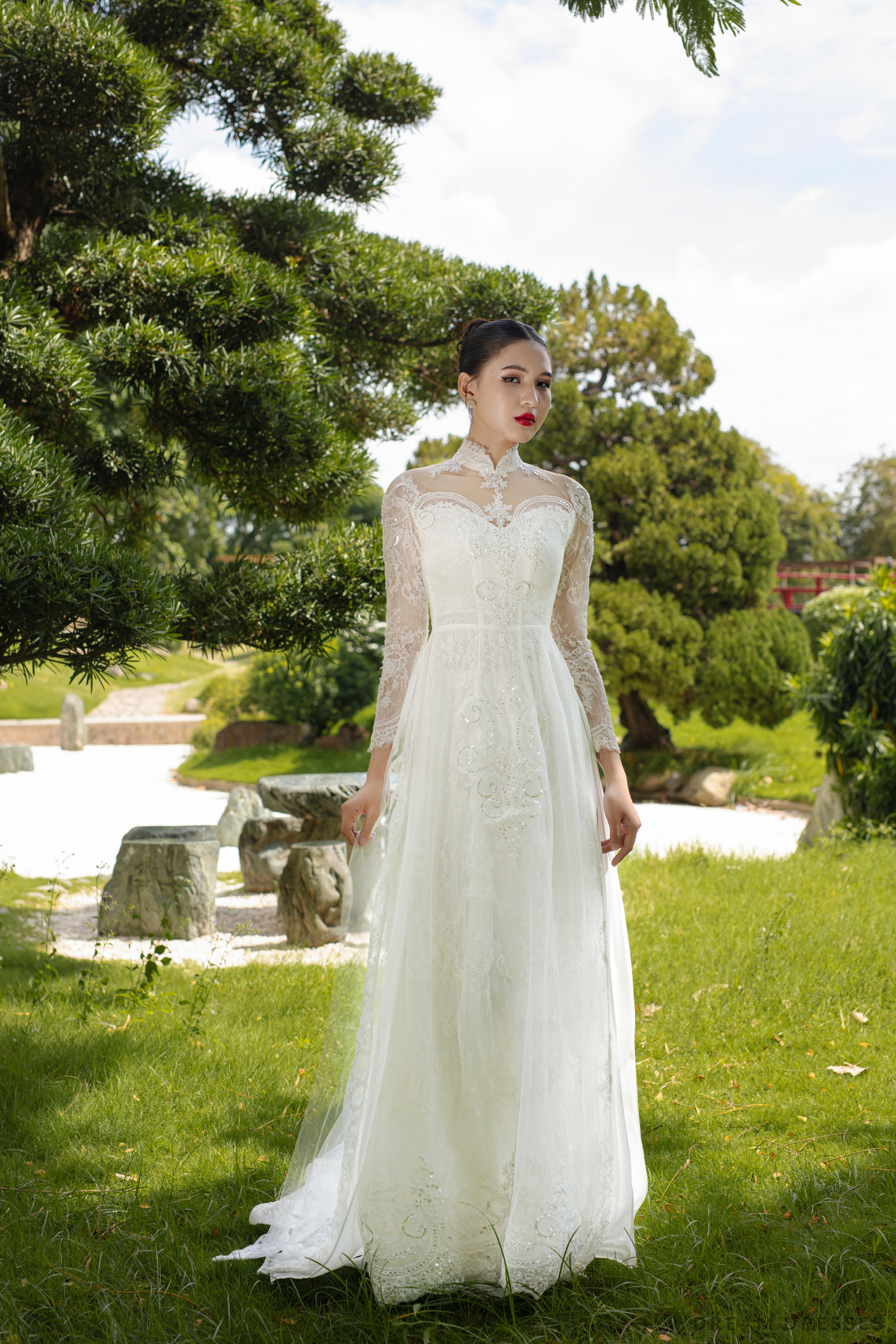 DreamDress By PMN Laura Ao Dai Inspired White Wedding Dress Gown Illusion Neckline Back Beadings Chapel Chiffon Pants | Size: 14 DreamDress By PMN Laura Ao Dai Inspired White Wedding Dress Gown Illusion Neckline Back Beadings Chapel Chiffon Pants | Size: 14