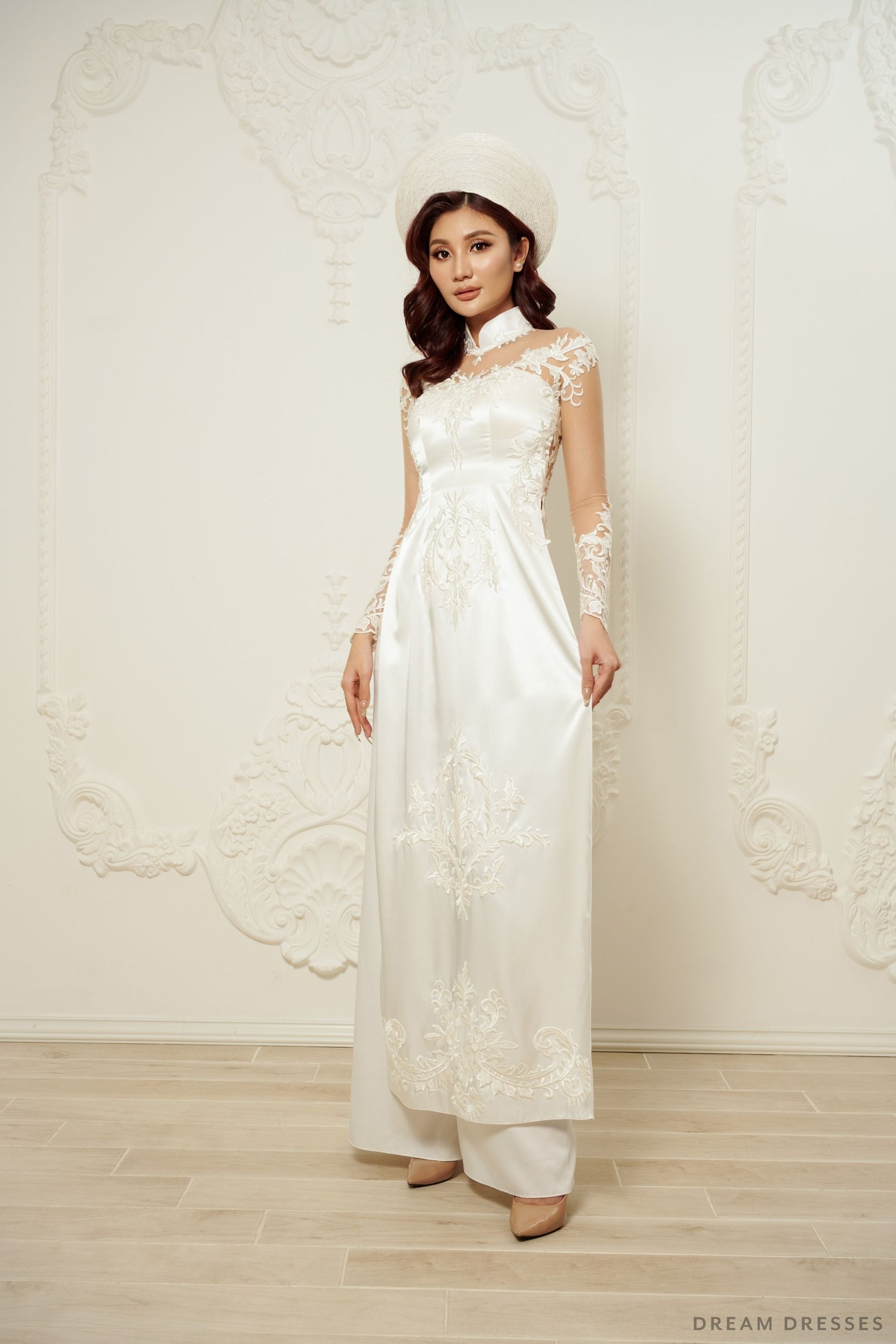 White Bridal Ao Dai | Vietnamese Traditional Bridal Dress (#DAXIA) - Dream Dresses by P.M.N.