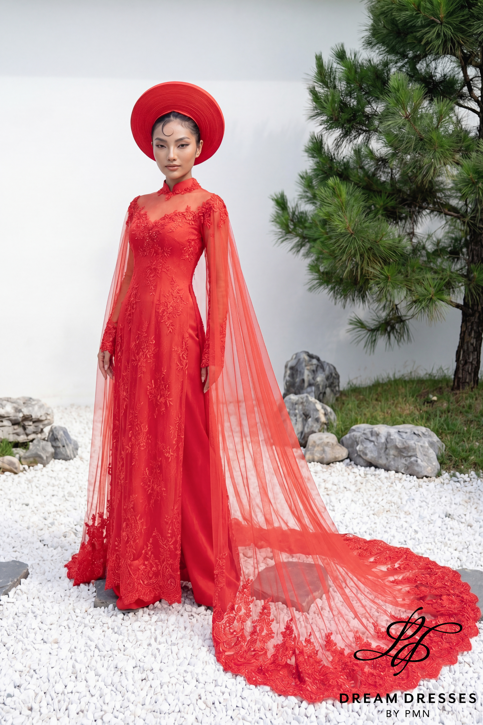 Red Bridal Ao Dai with Cape Sleeves | Vietnamese Bridal Dress (#GRACE)