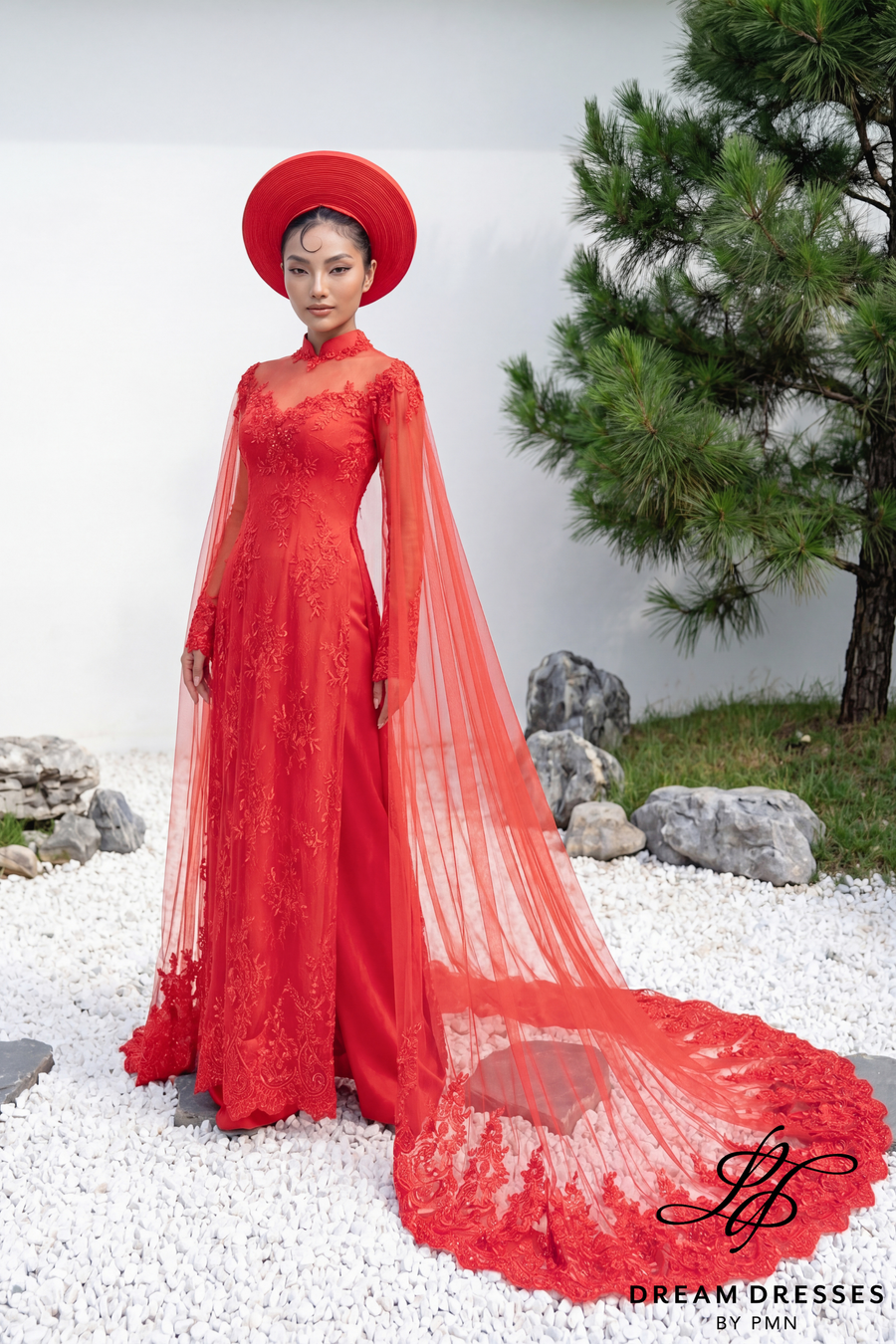 Red Bridal Ao Dai with Cape Sleeves | Vietnamese Bridal Dress (#GRACE) - Dream Dresses by P.M.N.