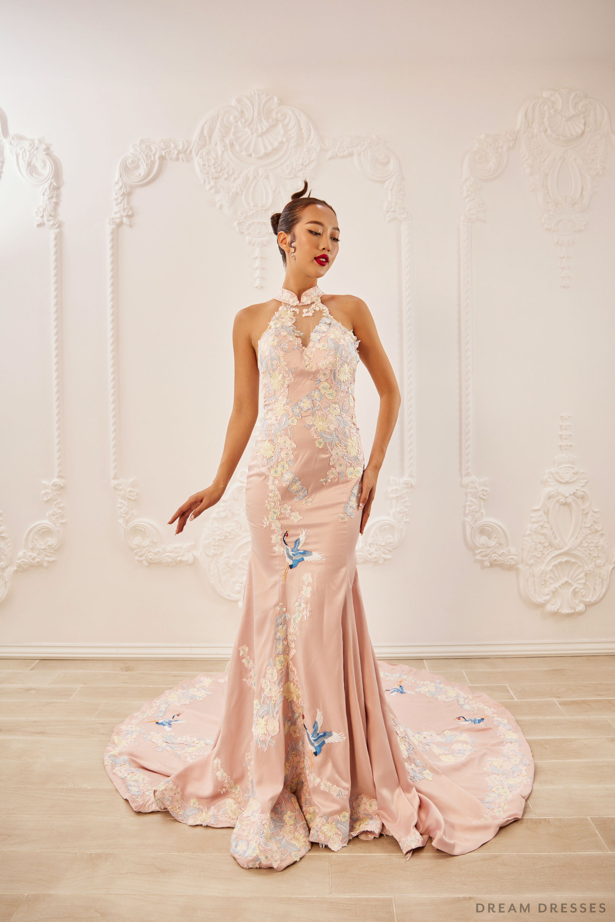 Pink Bridal Cheongsam Couture Lace Modern Cheongsam MELAN