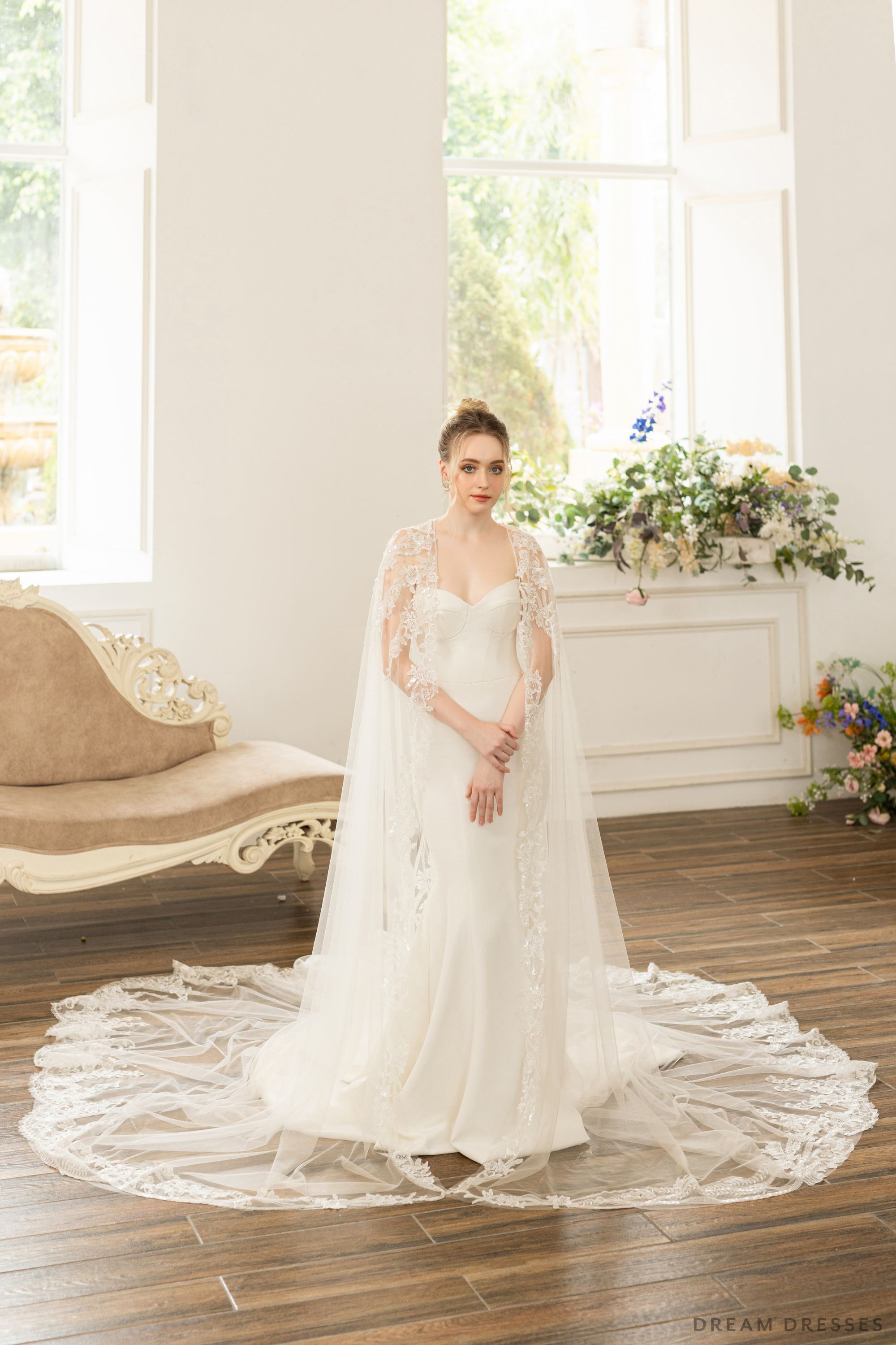Bridal Cape with Floral Lace (#AXELLE)