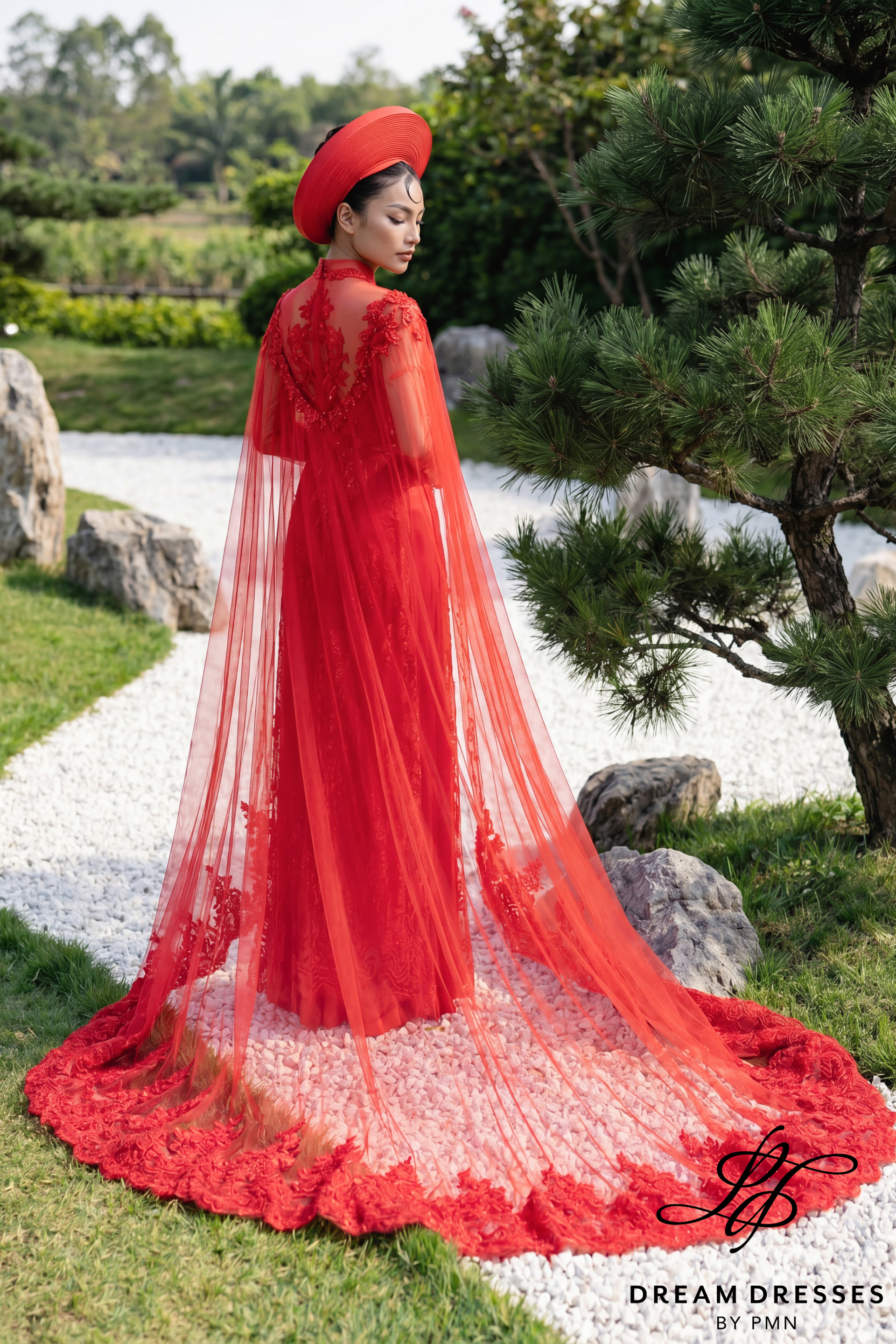 Red Bridal Ao Dai with Cape Sleeves | Vietnamese Bridal Dress (#GRACE)
