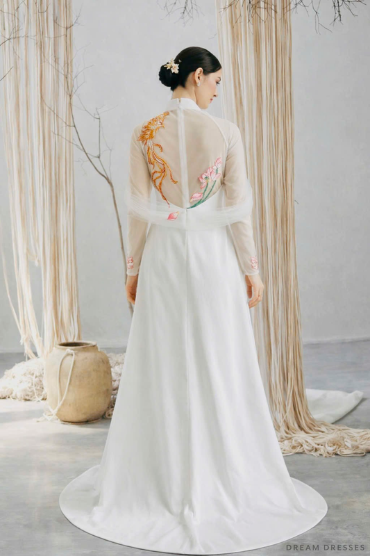 White Bridal Embroidery Ao Dai | Modern Vietnamese Bridal Dress (#REGINYA) - Dream Dresses by P.M.N.