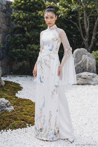 White Bridal Ao Dai with Colorful Embroidery (#XUAN) - Dream Dresses by P.M.N.