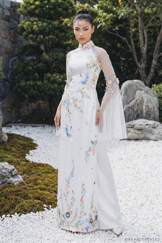 White Bridal Ao Dai with Colorful Embroidery (#XUAN) - Dream Dresses by P.M.N.