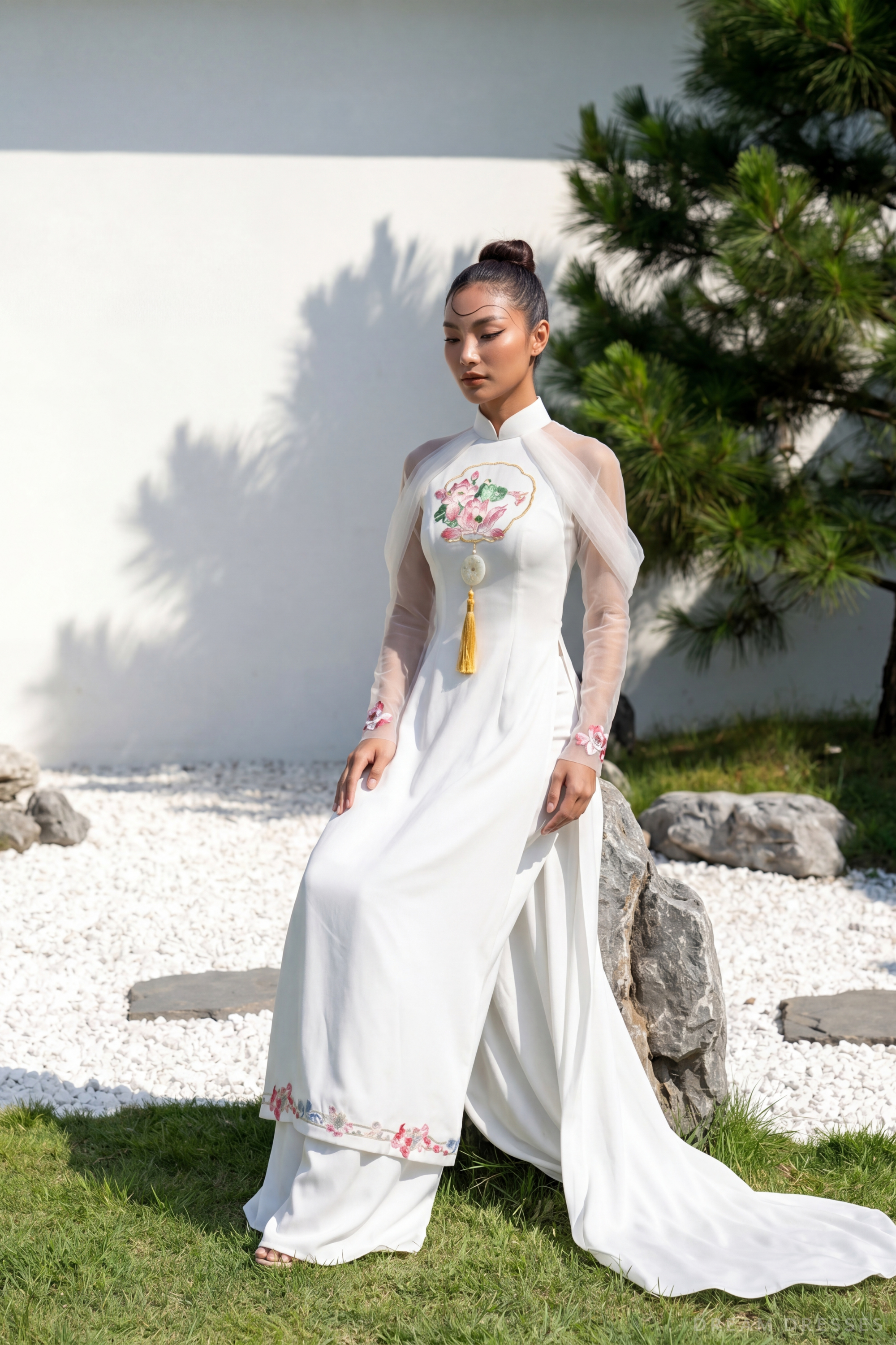 White Bridal Embroidery Ao Dai | Modern Vietnamese Bridal Dress (#REGINYA)