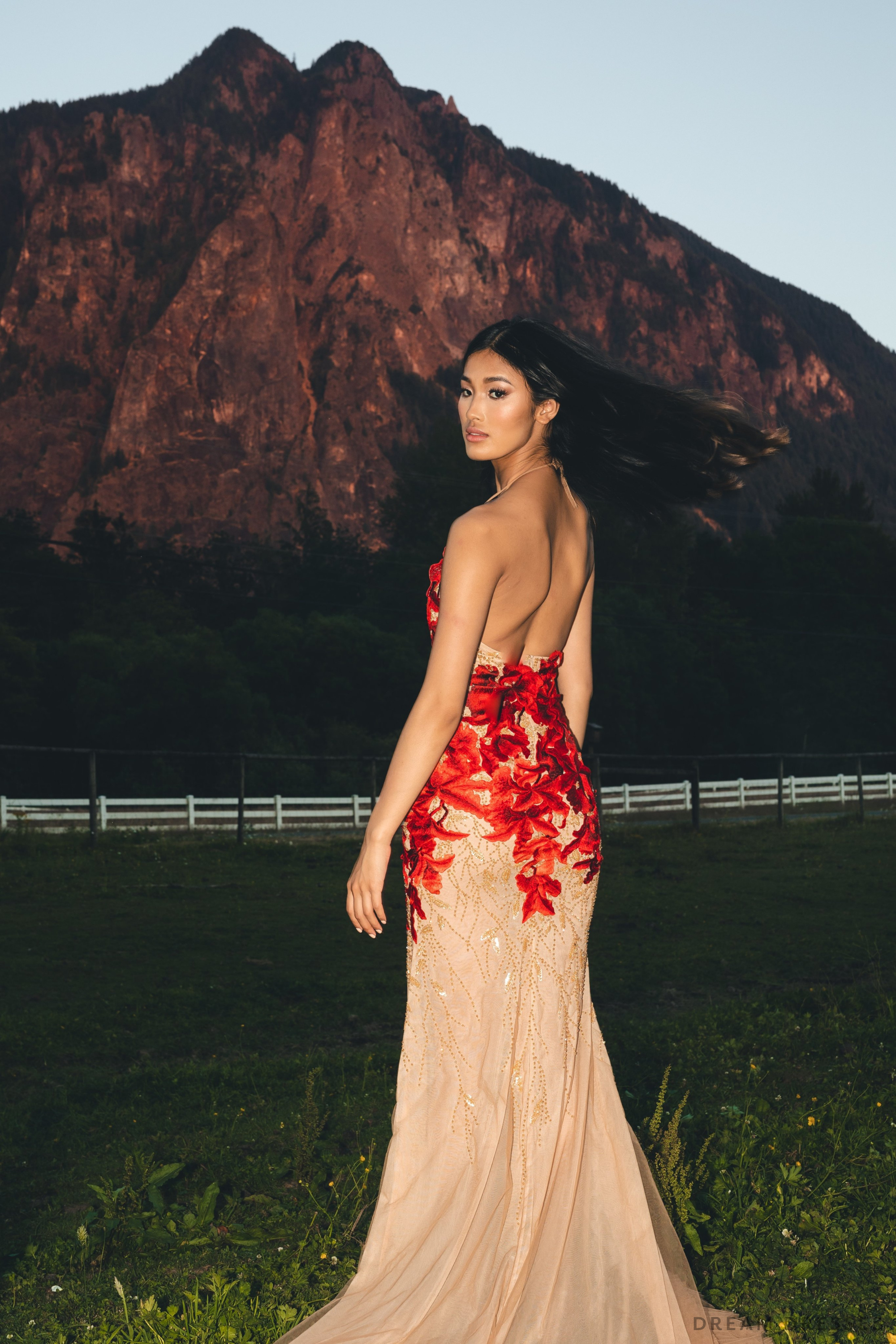 Red Evening Gown with Custom Embroidery (#LILIANE)