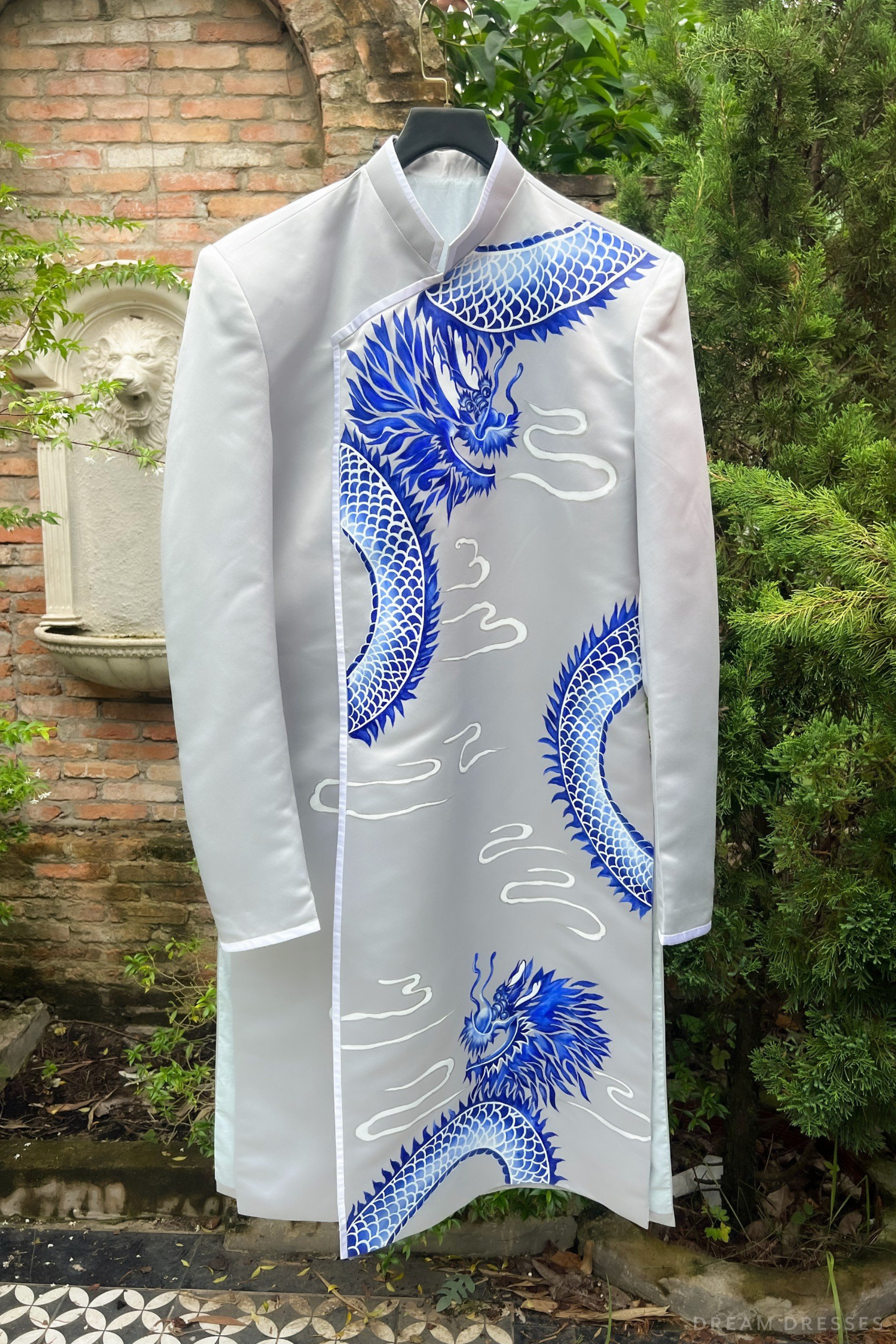 Gray and Blue Groom Ao Dai Jacket | Hand-Painted Dragon Vietnamese Ao Dai (#Khiem) - Dream Dresses by P.M.N.