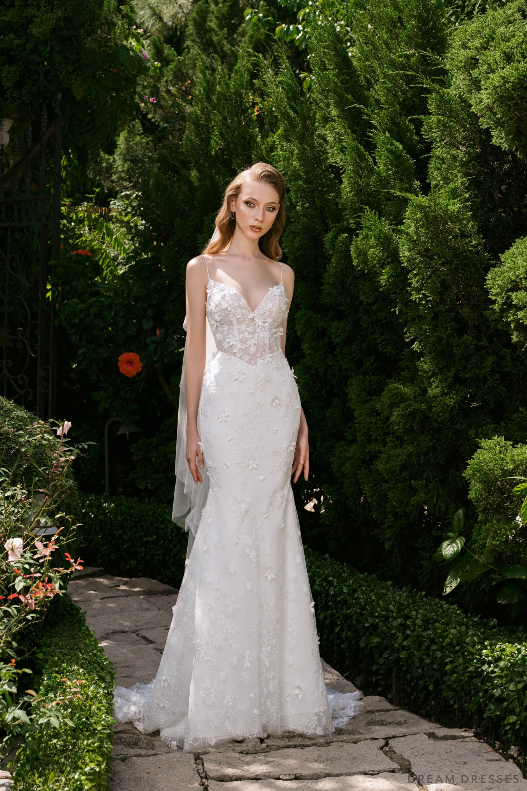 DreamDress By PMN Amanda Mermaid Wedding Dress Gown Plunging Spaghetti Straps Open Back Floral Embellishments Couture Lace Chapel | Size: Custom DreamDress By PMN Amanda Mermaid Wedding Dress Gown Plunging Spaghetti Straps Open Back Floral Embellishments Couture Lace Chapel | Size: Custom