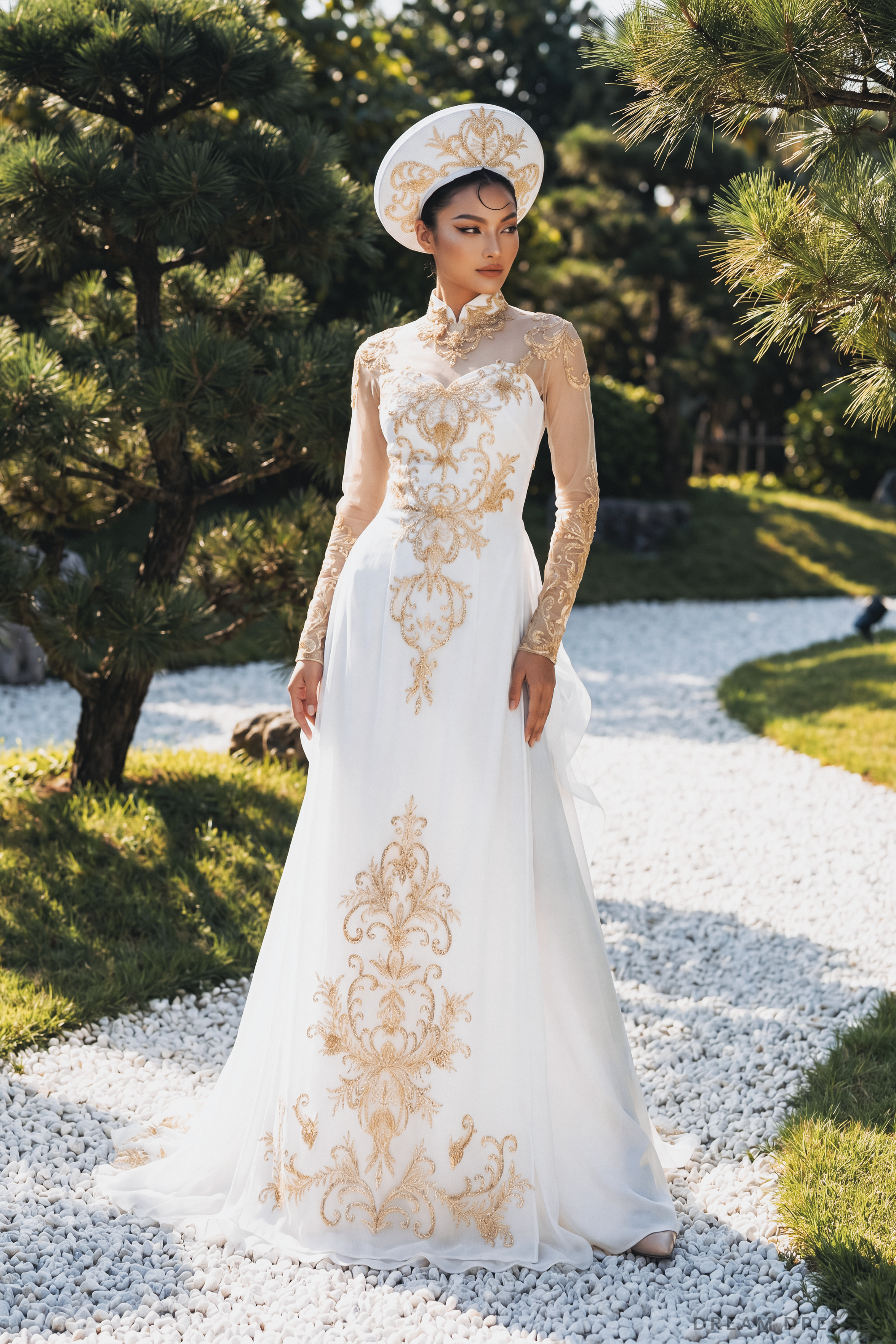 White Bridal Ao Dai | Vietnamese Traditional Bridal Dress with Gold Lace (#IMPERIAL)