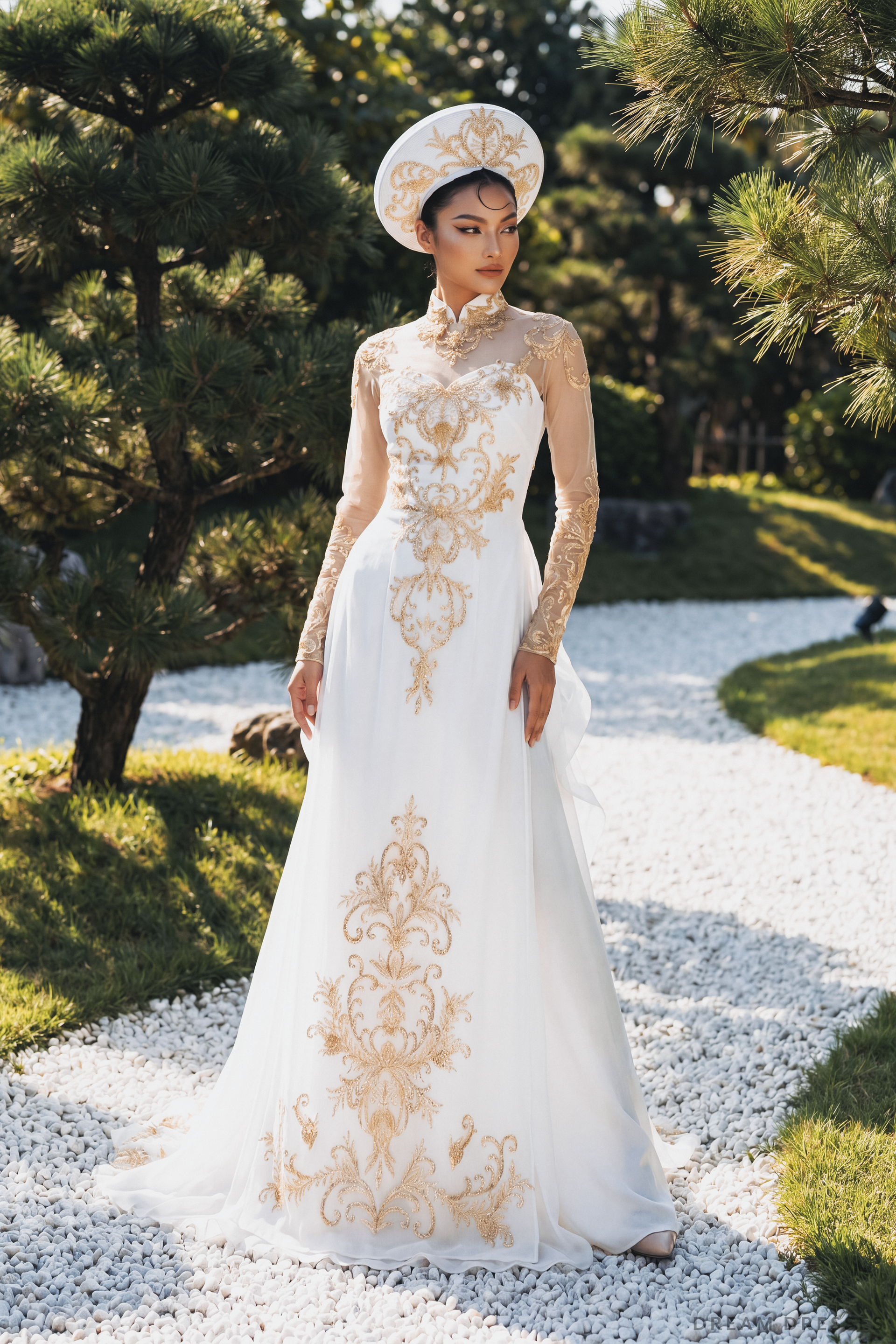 DreamDress By PMN Imperial Ao Dai Inspired Wedding Dress Gown White Illusion Sweatheart Gold Accents Embellishments Chiffon Pants