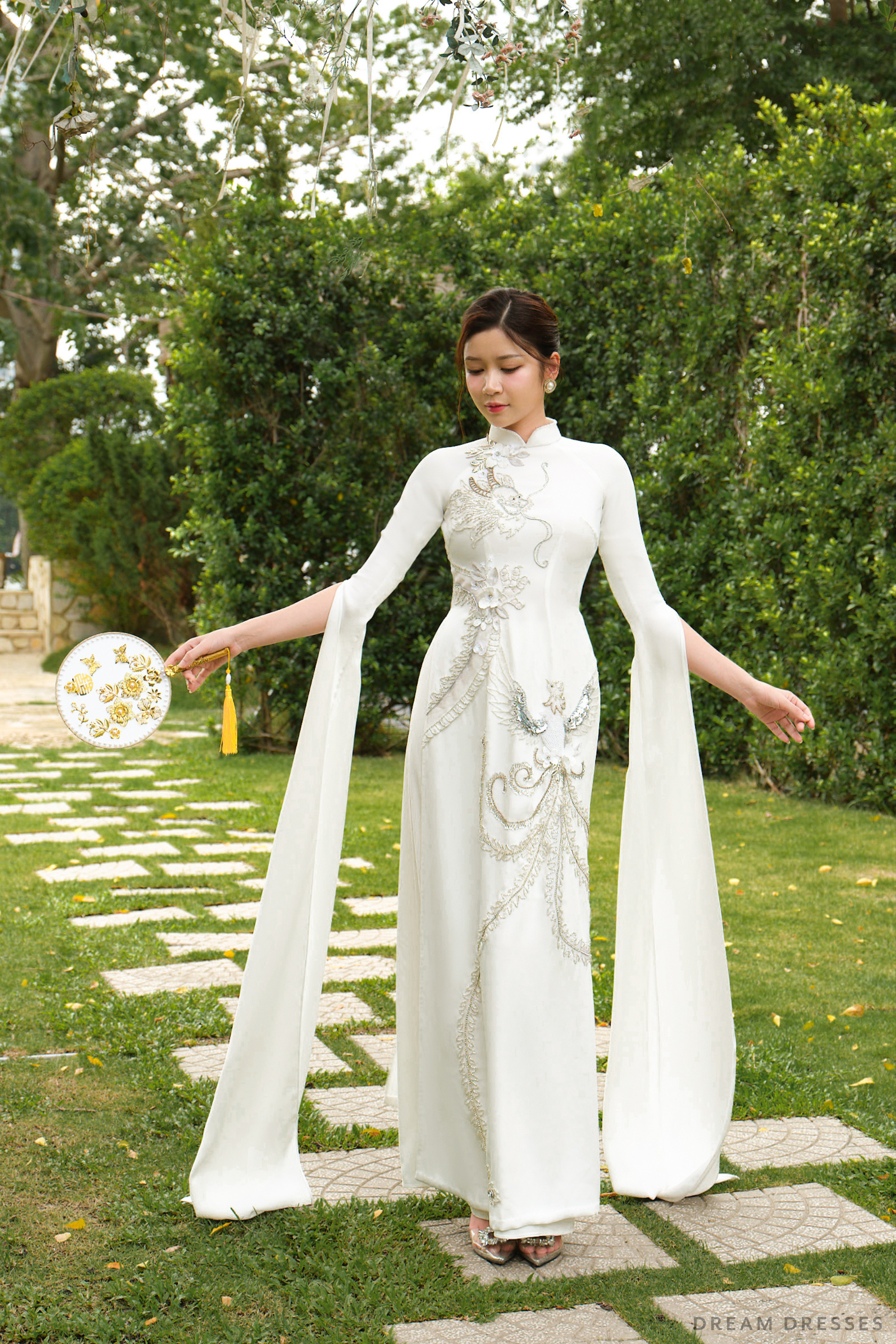 White Bridal Ao Dai | Modern Vietnamese Bridal Dress with Couture Lace (#CHARMY)