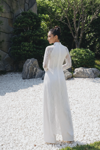 White Bridal Ao Dai | Vietnamese Traditional Bridal Dress with Couture Lace (#DYNASTY) - Dream Dresses by P.M.N.