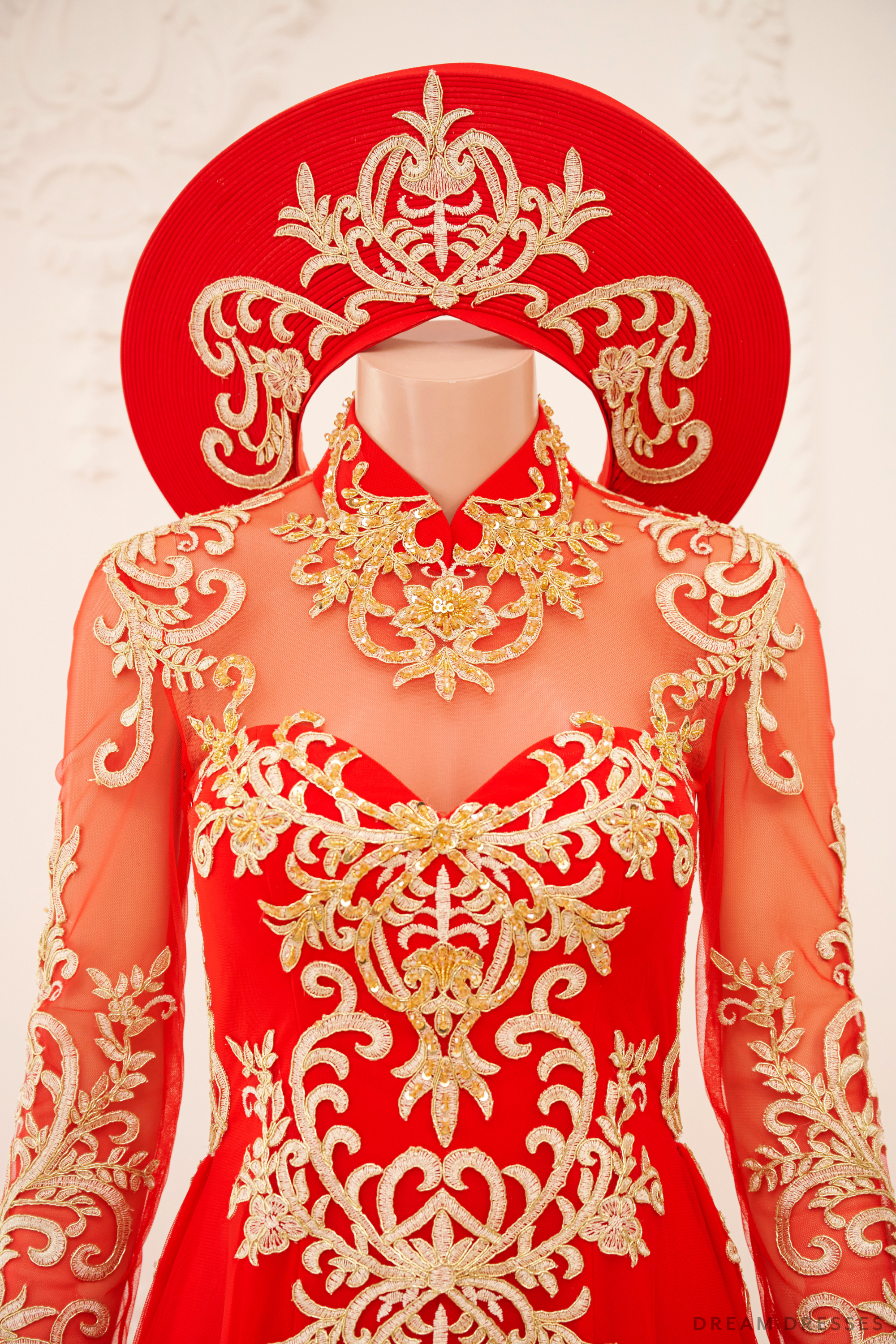 Red Bridal Ao Dai | Vietnamese Traditional Bridal Dress with Gold Lace (#GIATUE)