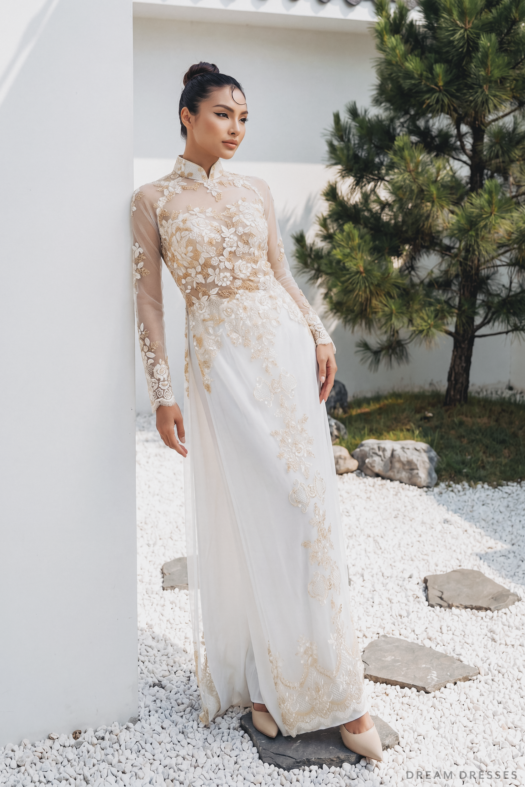White Bridal Ao Dai with Gold Lace | Modern Vietnamese Bridal Dress (#IVY)