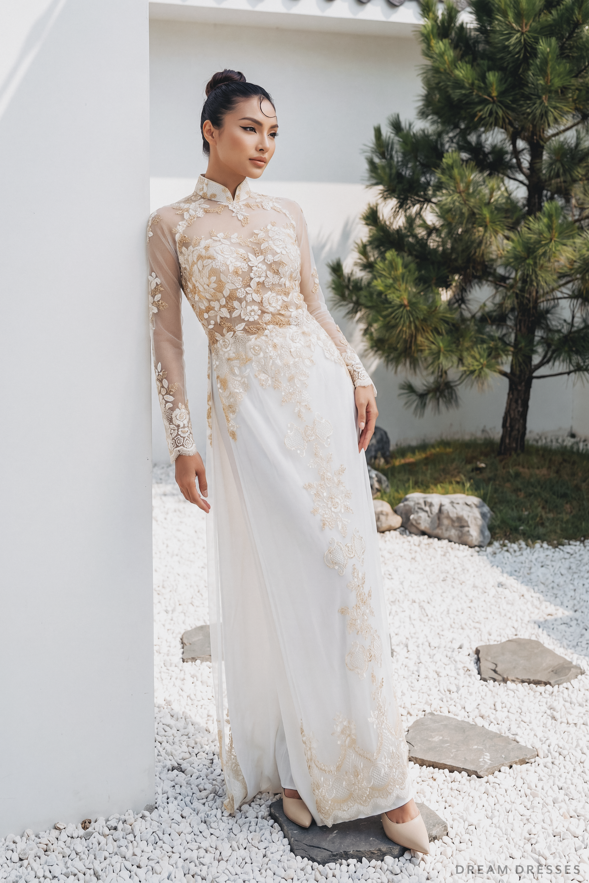 White Bridal Ao Dai with Gold Lace | Modern Vietnamese Bridal Dress (#IVY) - Dream Dresses by P.M.N.