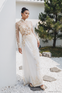 White Bridal Ao Dai with Gold Lace | Modern Vietnamese Bridal Dress (#IVY) - Dream Dresses by P.M.N.