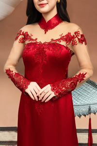 Red Bridal Ao Dai with Couture Lace | Vietnamese Bridal Dress (#AMINA) - Dream Dresses by P.M.N.