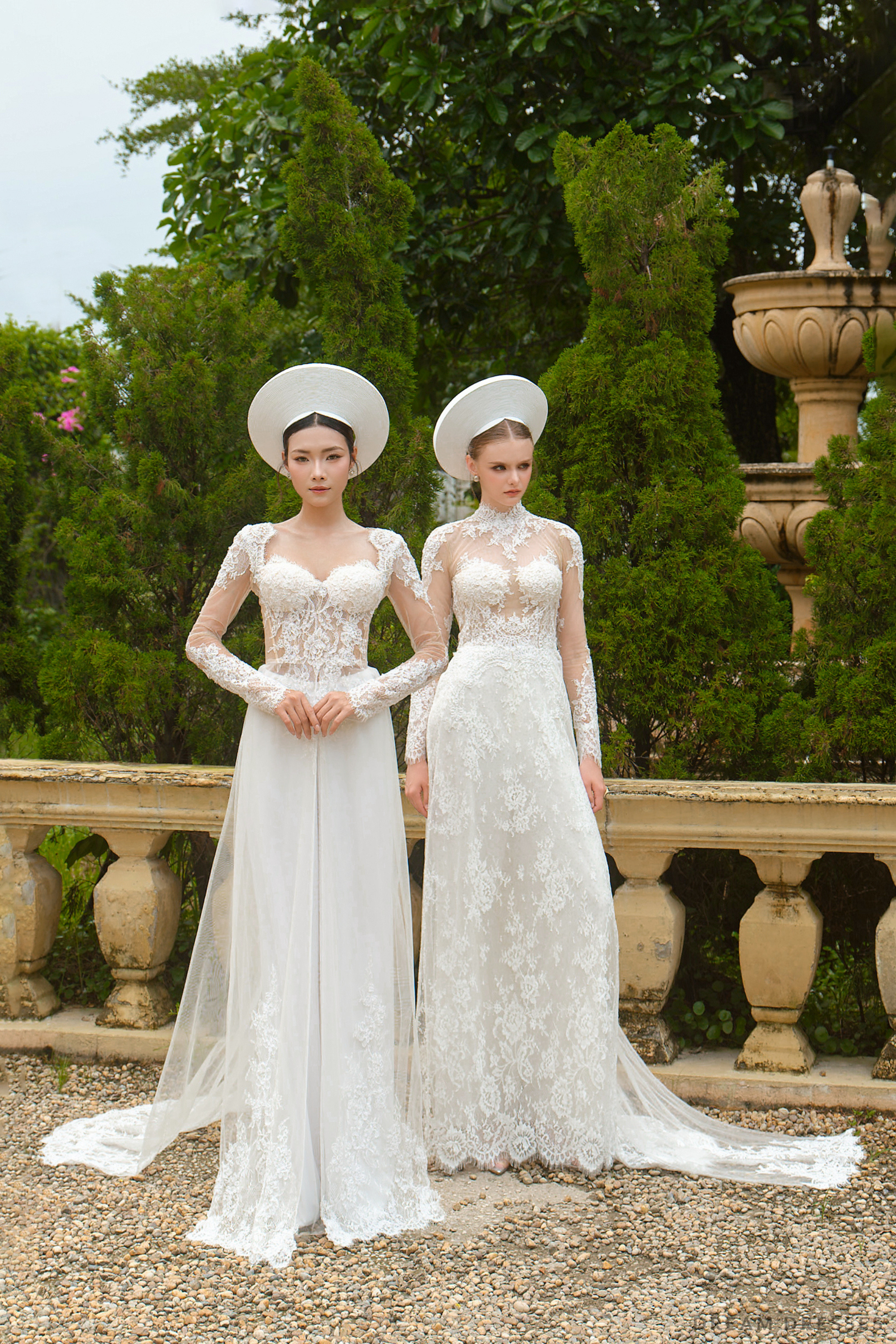 White Bridal Ao Dai | Modern Vietnamese Bridal Dress with French Lace (#AMBERLY)