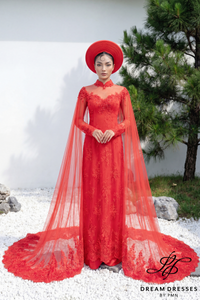Red Bridal Ao Dai with Cape Sleeves | Vietnamese Bridal Dress (#GRACE)