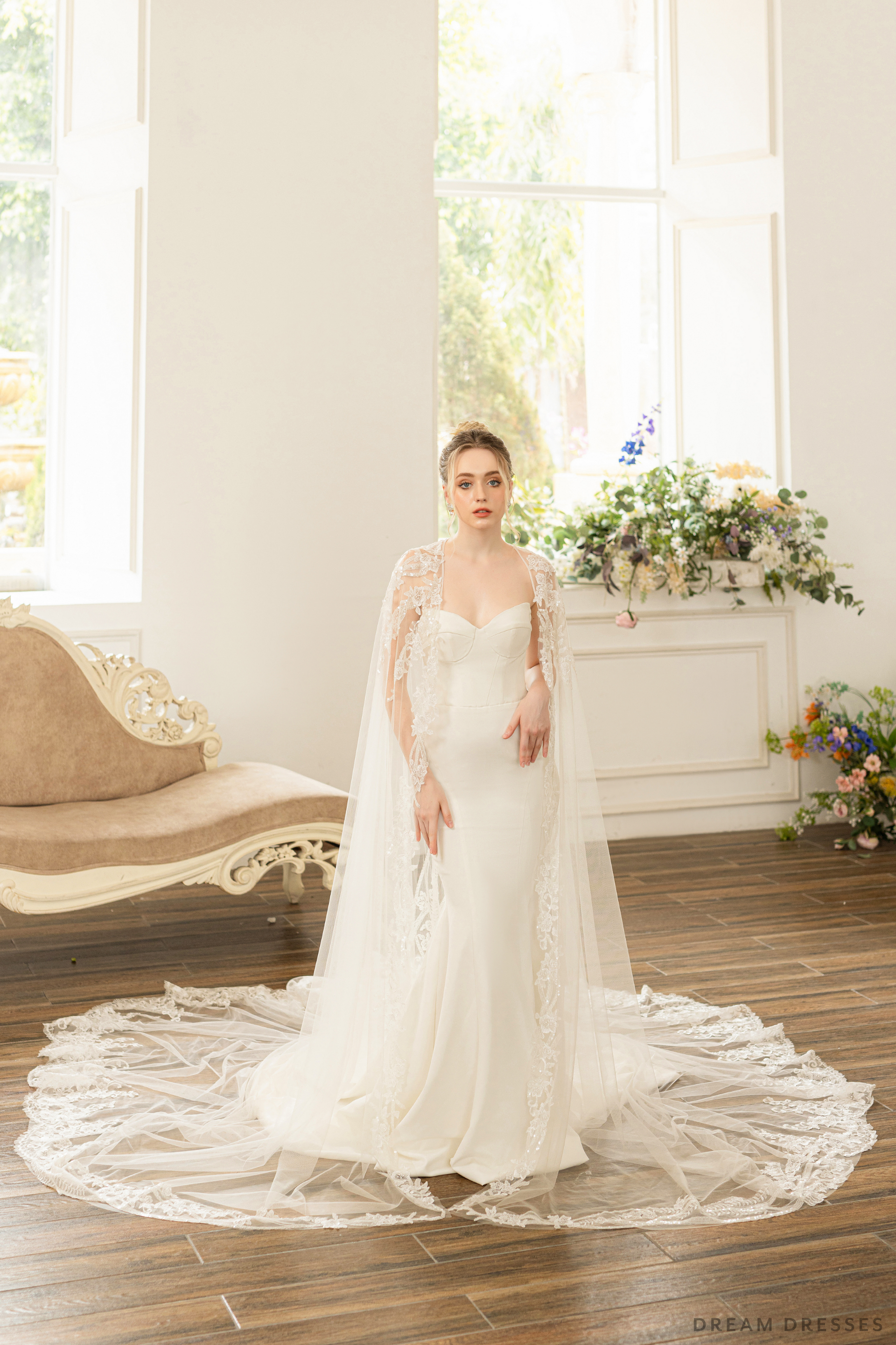 Bridal Cape with Floral Lace (#AXELLE) - Dream Dresses by P.M.N.