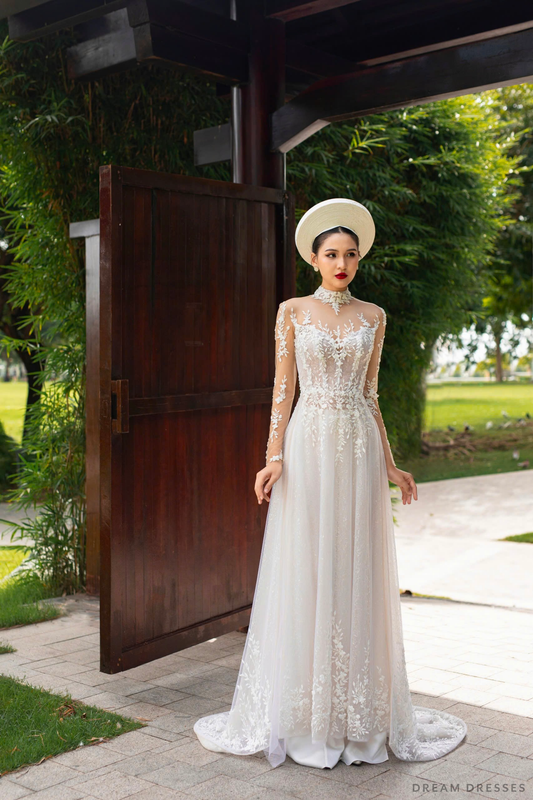 White Bridal Ao Dai | Vietnamese Modern Bridal Dress (#MAJORI) - Dream Dresses by P.M.N.