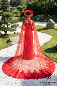 Red Bridal Ao Dai with Cape Sleeves | Vietnamese Bridal Dress (#GRACE)