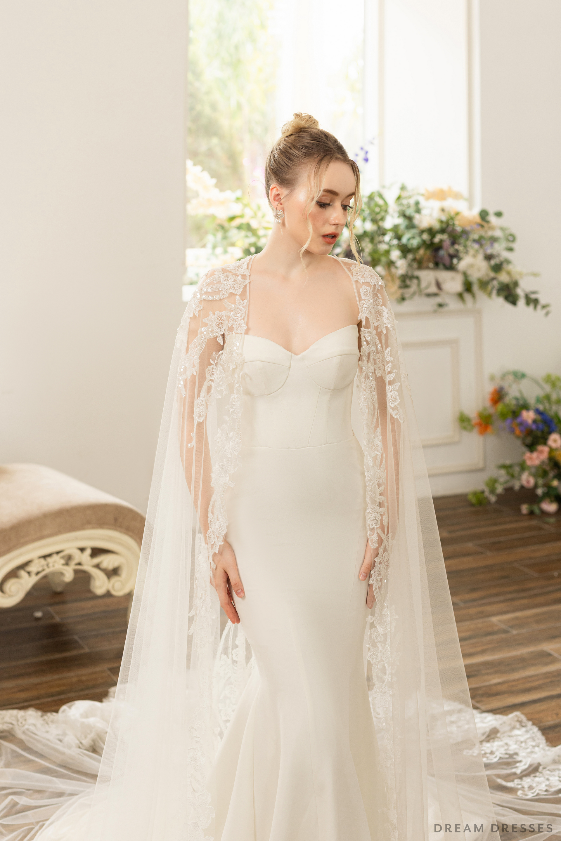 Bridal Cape with Floral Lace (#AXELLE) - Dream Dresses by P.M.N.
