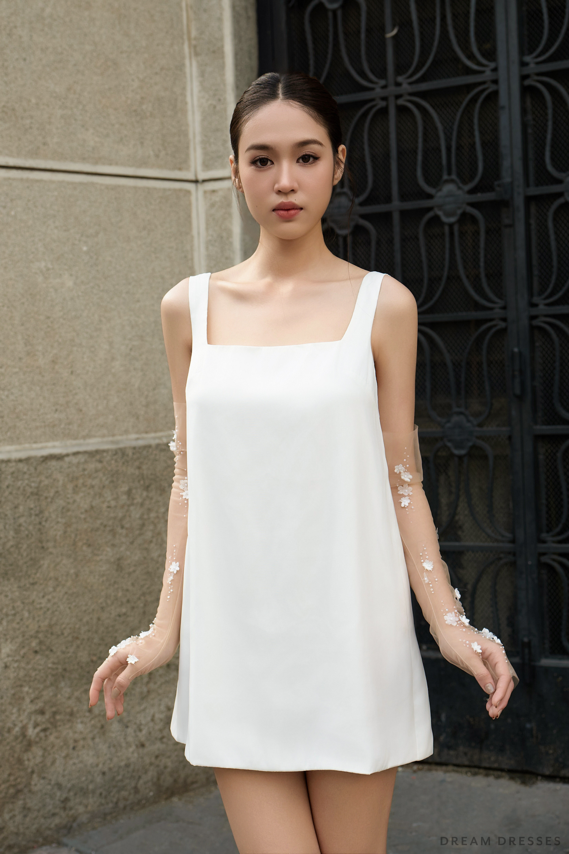 DreamDress By PMN Ellen Mini Bridal Shower Bridesmaid Dress Squared Neck Lace Strap Silk Satin Lining Organza | Size: 2