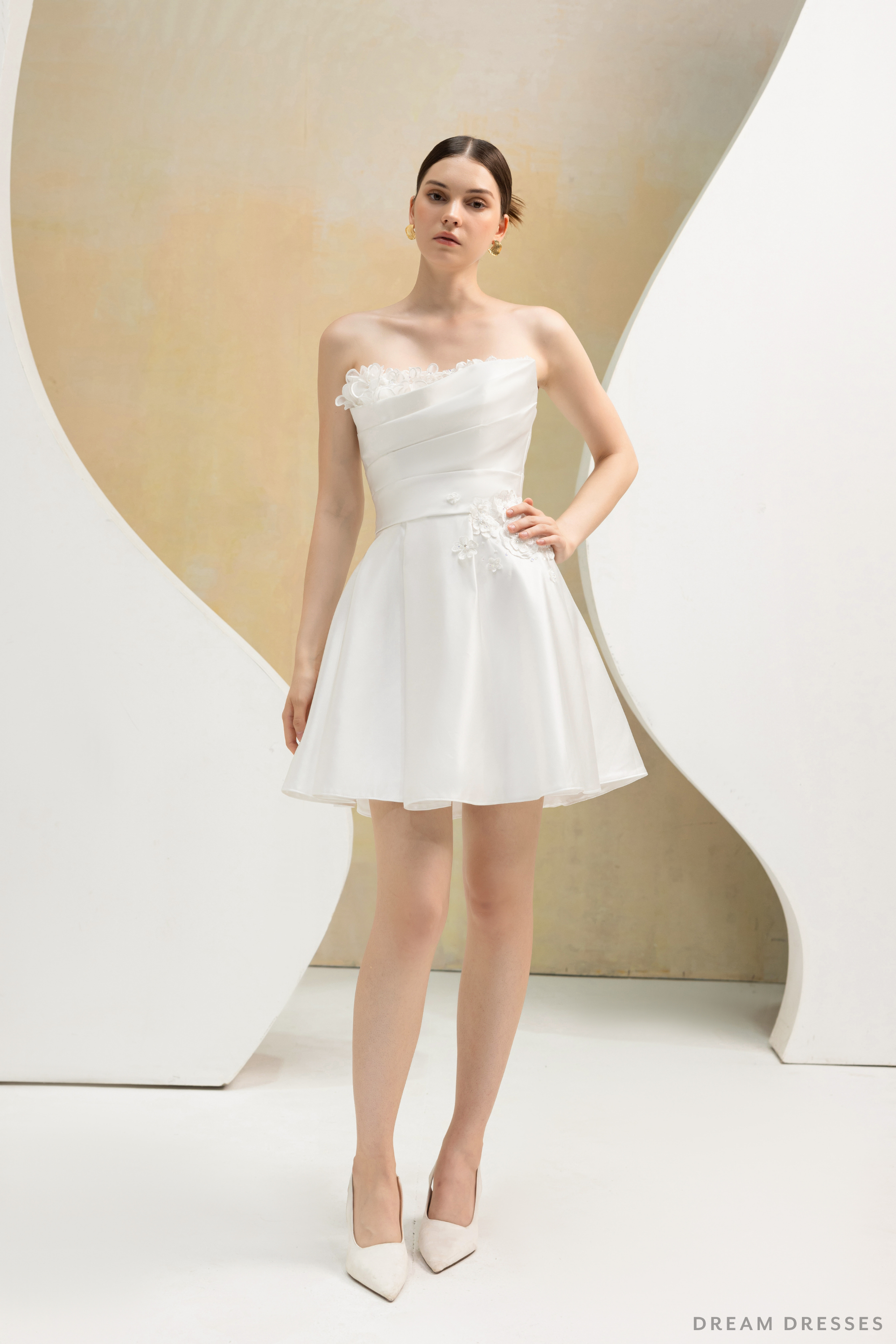 DreamDress By PMN Adalicia Wedding Guest Evening Dinner Cocktail Party Dress Rehearsal Mini Strapless Floral Beaded Lace Embellishments