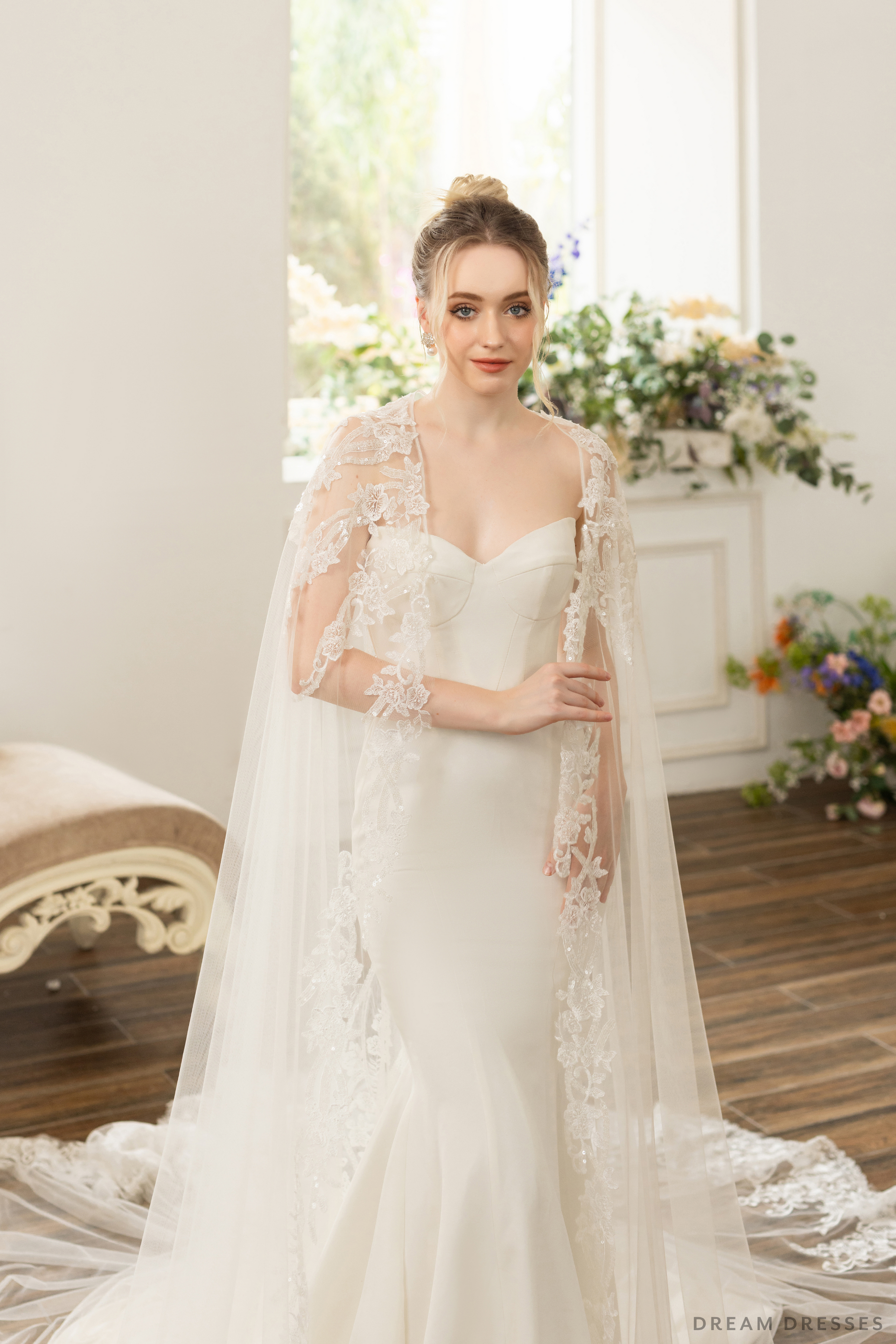 Bridal Cape with Floral Lace (#AXELLE) - Dream Dresses by P.M.N.