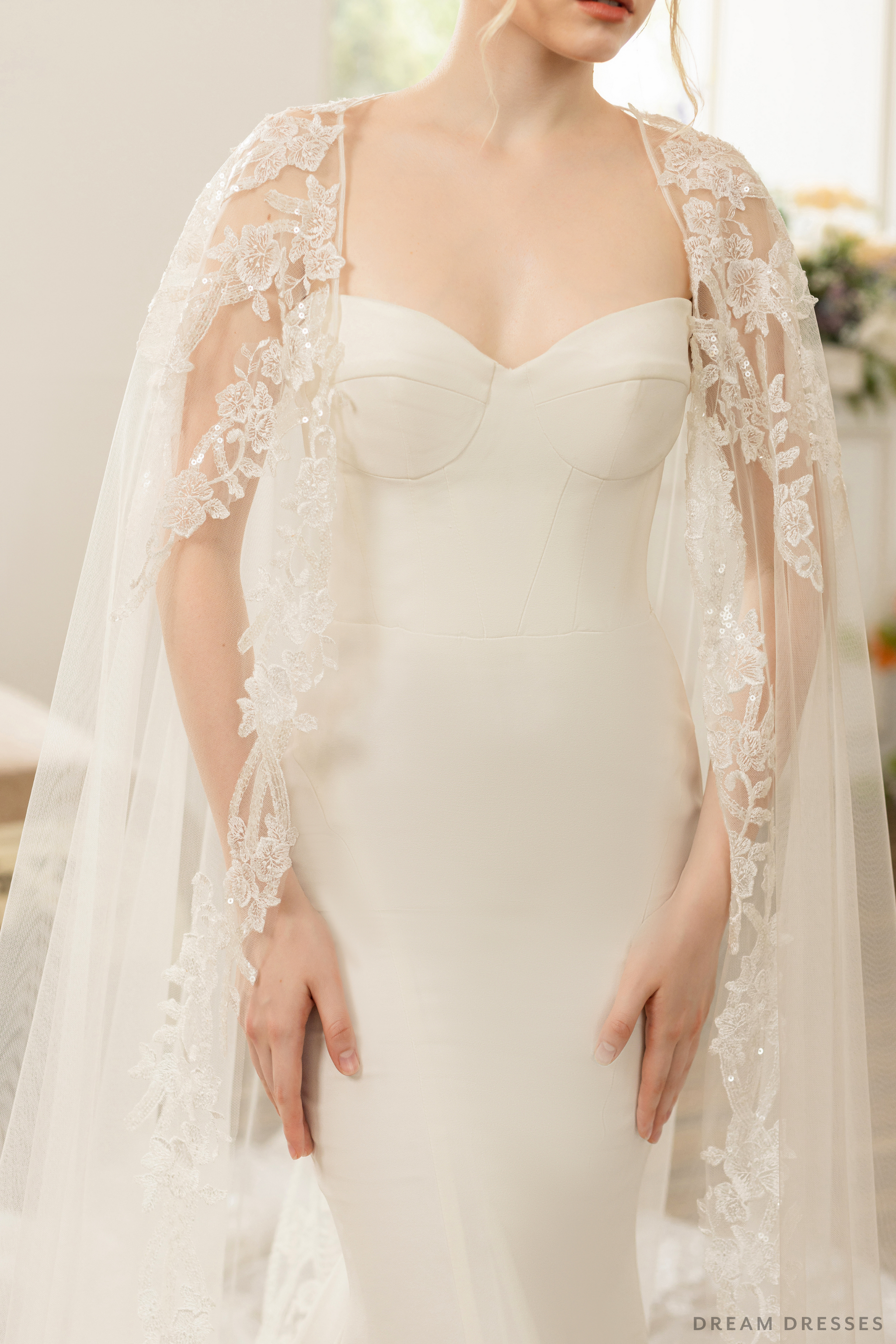 Bridal Cape with Floral Lace (#AXELLE) - Dream Dresses by P.M.N.