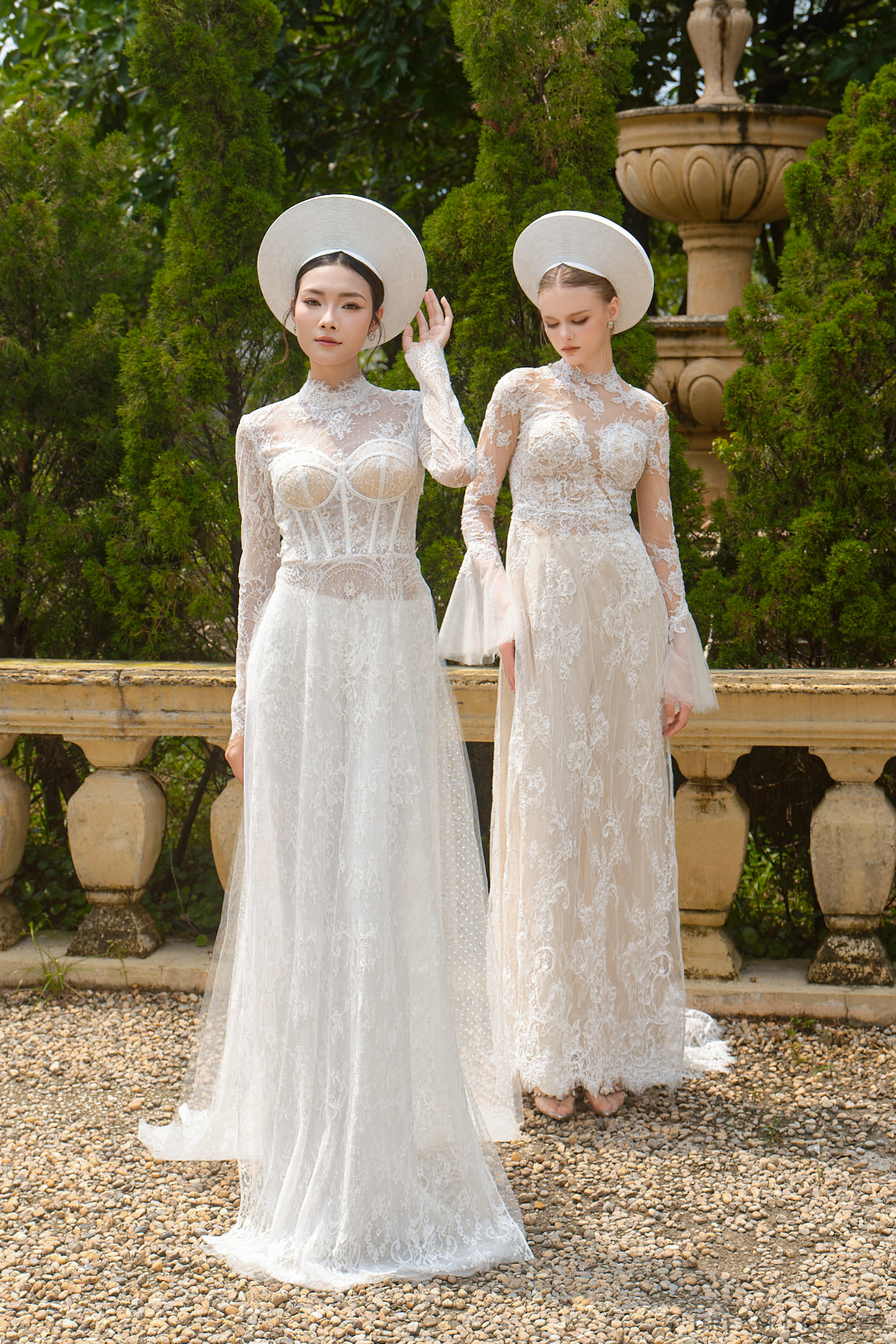 DreamDress By PMN Yuelin Ao Dai Inspired White Wedding Dress Gown Corset Bodice Keyhole Back Couture French Lace Chapel White Pants