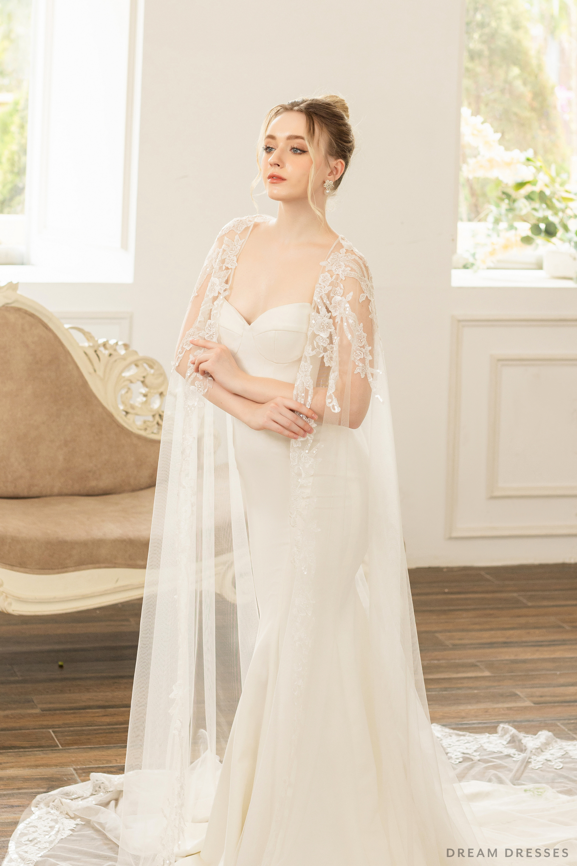Bridal Cape with Floral Lace (#AXELLE) - Dream Dresses by P.M.N.