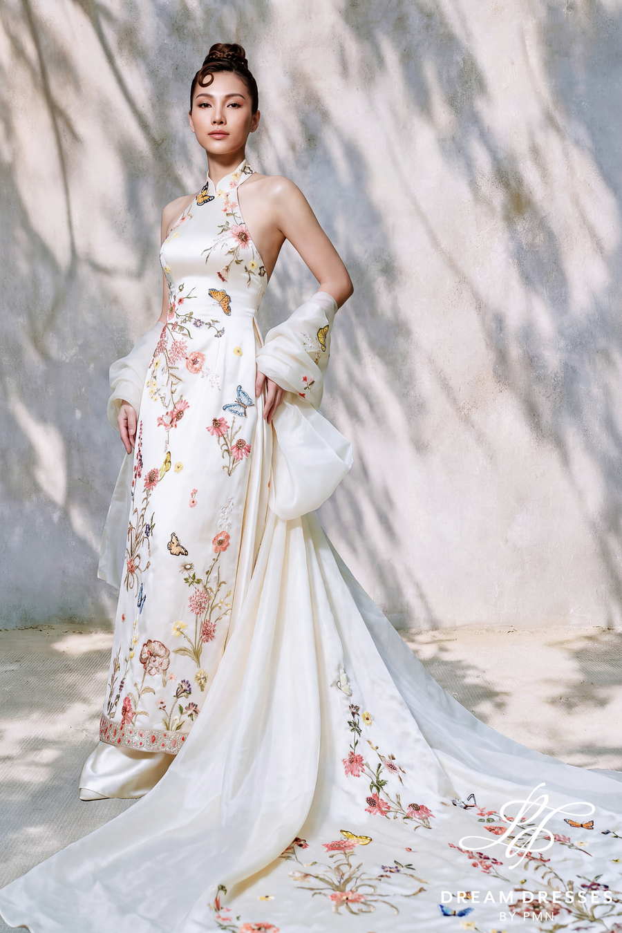 Cream Ivory Ao Dai with Bow Cape (#VAN) - Dream Dresses by P.M.N.