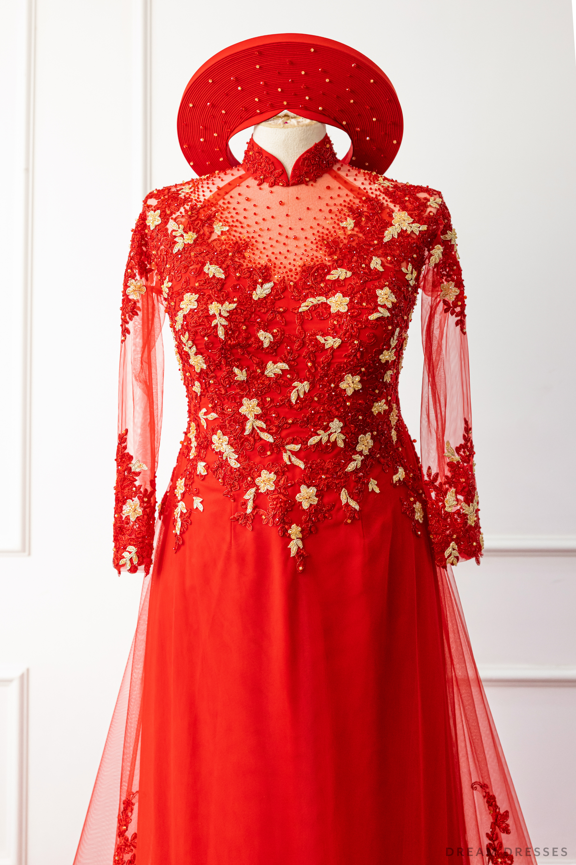 DreamDress By PMN Amee Ao Dai Inspired Red Wedding Dress Gown Illusion Neck Back Gold Accents Embroidery Couture Lace Chapel Red Pants DreamDress By PMN Amee Ao Dai Inspired Red Wedding Dress Gown Illusion Neck Back Gold Accents Embroidery Couture Lace Chapel Red Pants