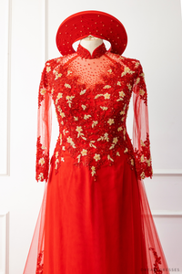Red Bridal Ao Dai with Red and Gold Lace | Vietnamese Bridal Dress (#AMEE) - Dream Dresses by P.M.N.